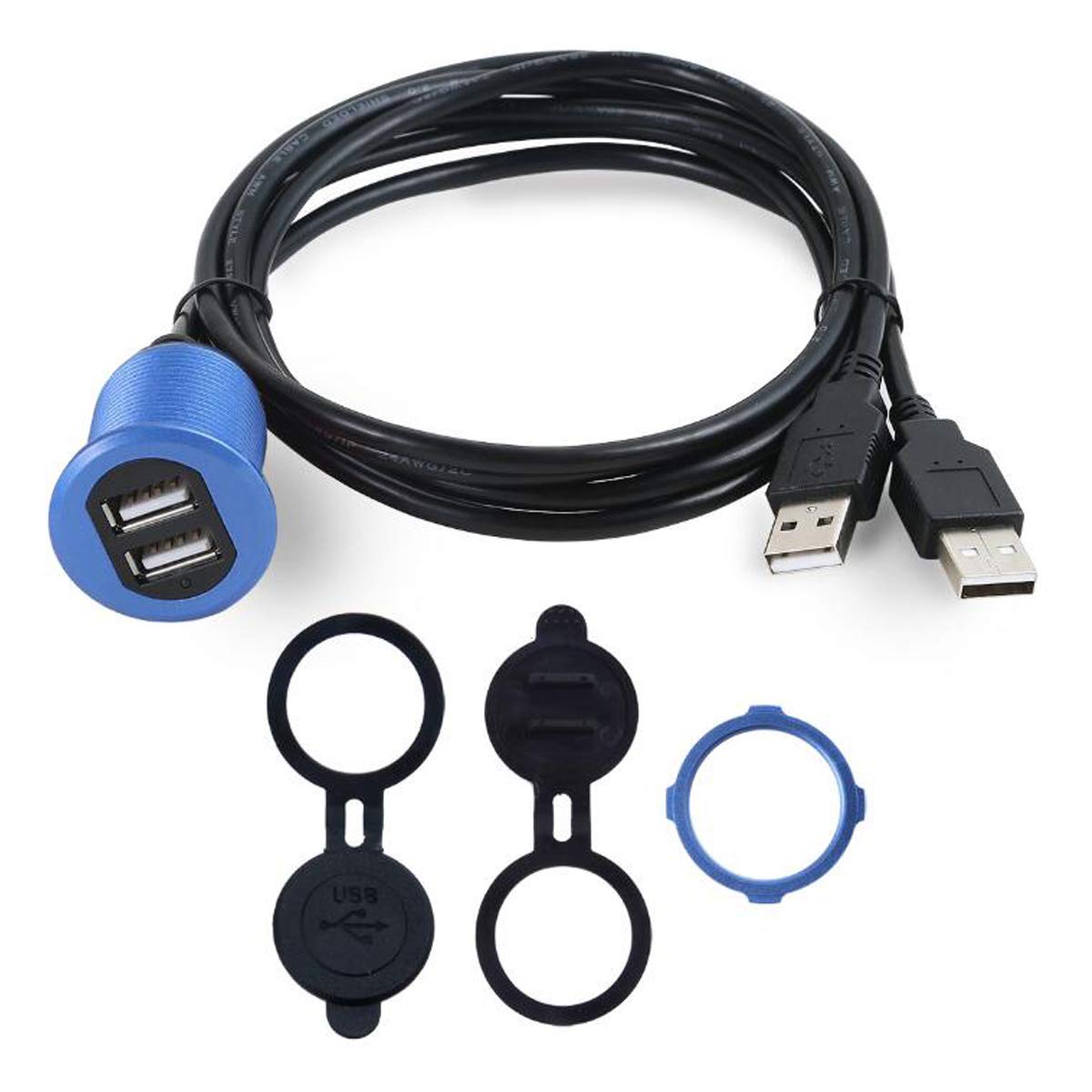 Kework Metal Dual Usb 2.0 Ports Mount With Light, 3.3Ft 2 Ports Usb Male To 2 Ports Female Flush Mount Panel Mount Extension Aux