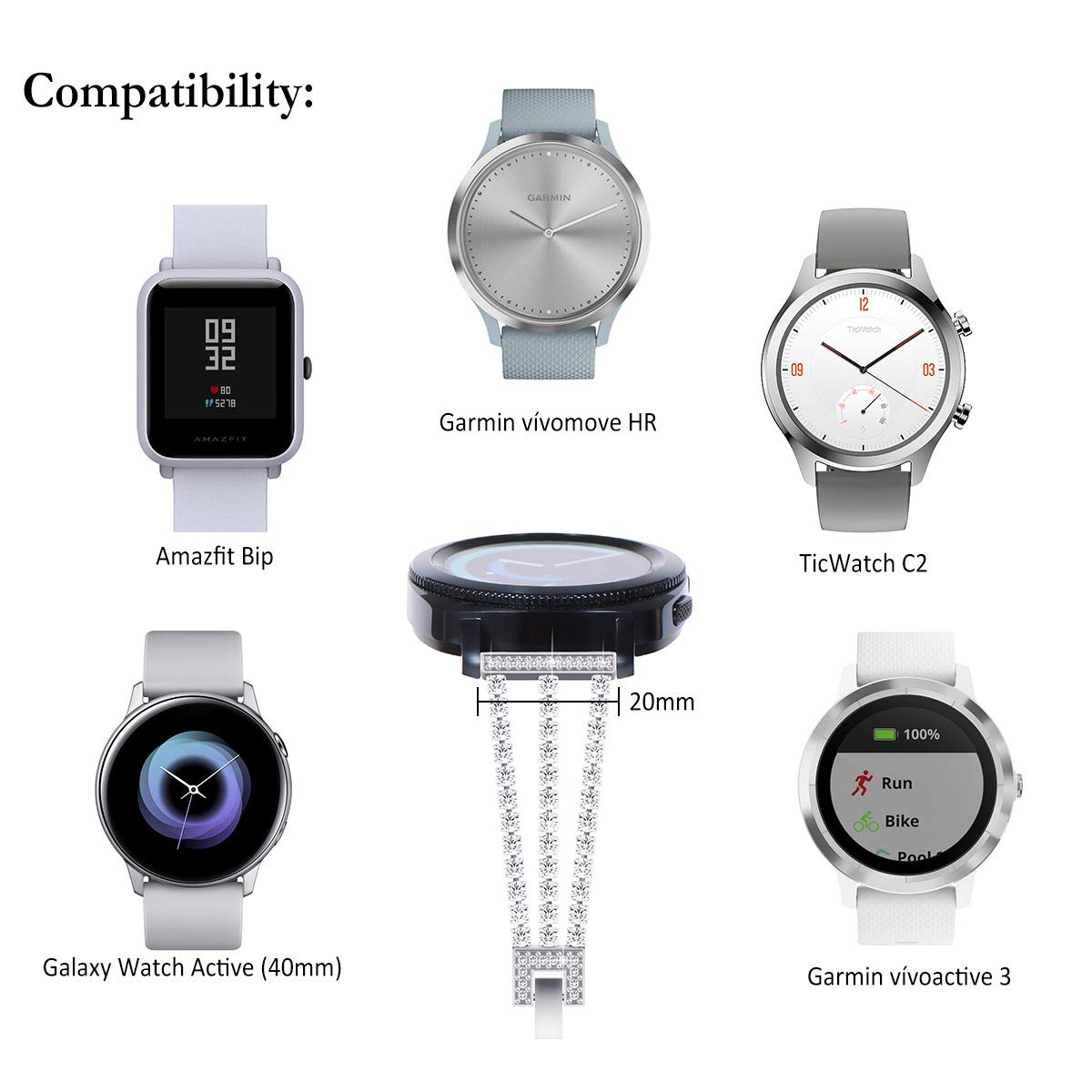 Newways Galaxy Watch 5 Band 40Mm 44Mm Galaxy Watch 4 40Mm 44Mm 42Mm 46Mm, 20Mm Stunning Diamonds Bracelet With Quick Release Pin