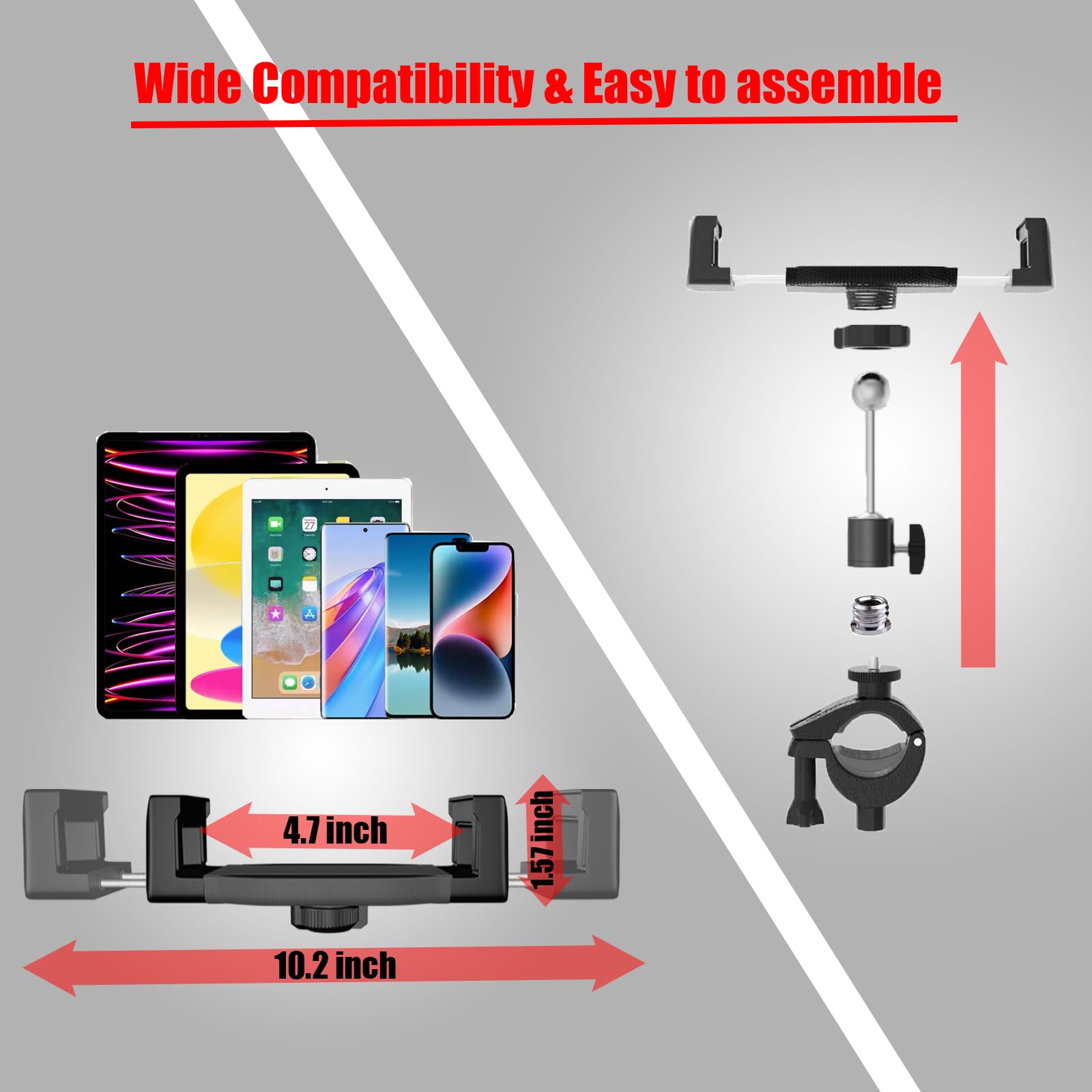 Kereal Tablet Holder For Mic Stand With 360 Ball Head And 3/8 To 1/4 Adapter, Microphone Stand Music Stand Tablet Phone Holder F