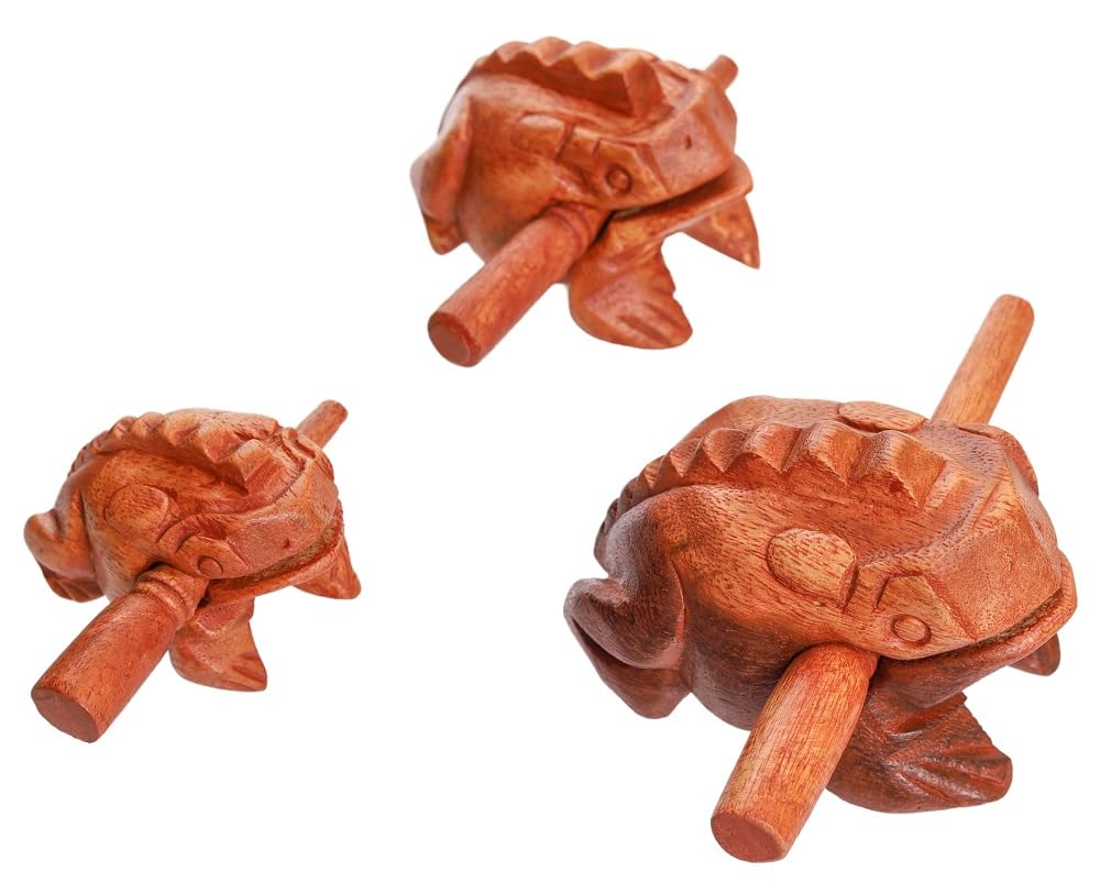 Brown Wooden Frog Percussion Set   4'', 3, 2.25 Inch Frogs, Musical Home Decor