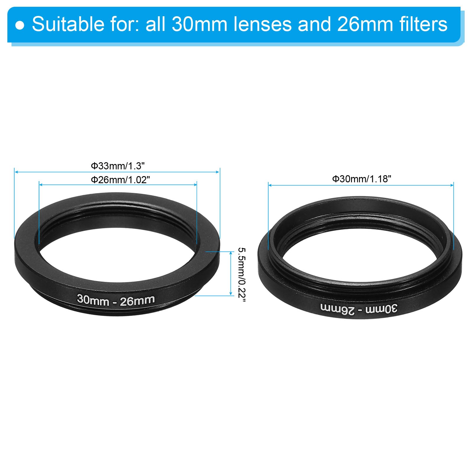 Patikil 30Mm 26Mm Metal Step Down Ring, Camera Lens Filter Adapter Ring Aluminum Filter Adapter Ring For Camera Lenses Hood, Bla