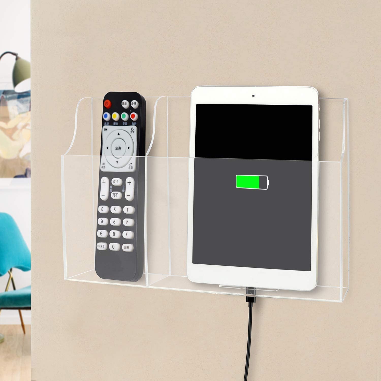 Pansyling Clear Acrylic Remote Control Holder Wall Mounted Phone Holder Stand For Tablet Ereader Wall Storage Caddy Media Organi