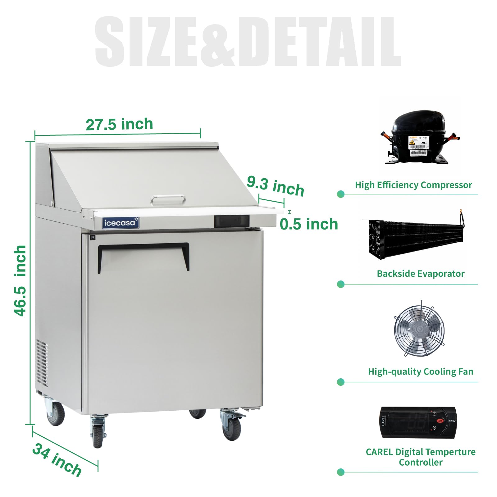 Icecasa 27'' W Commercial Refrigerator Sandwich&Salad Prep Table Mega Top Single Door Stainless Steel Counter Fan Cooling Refrig