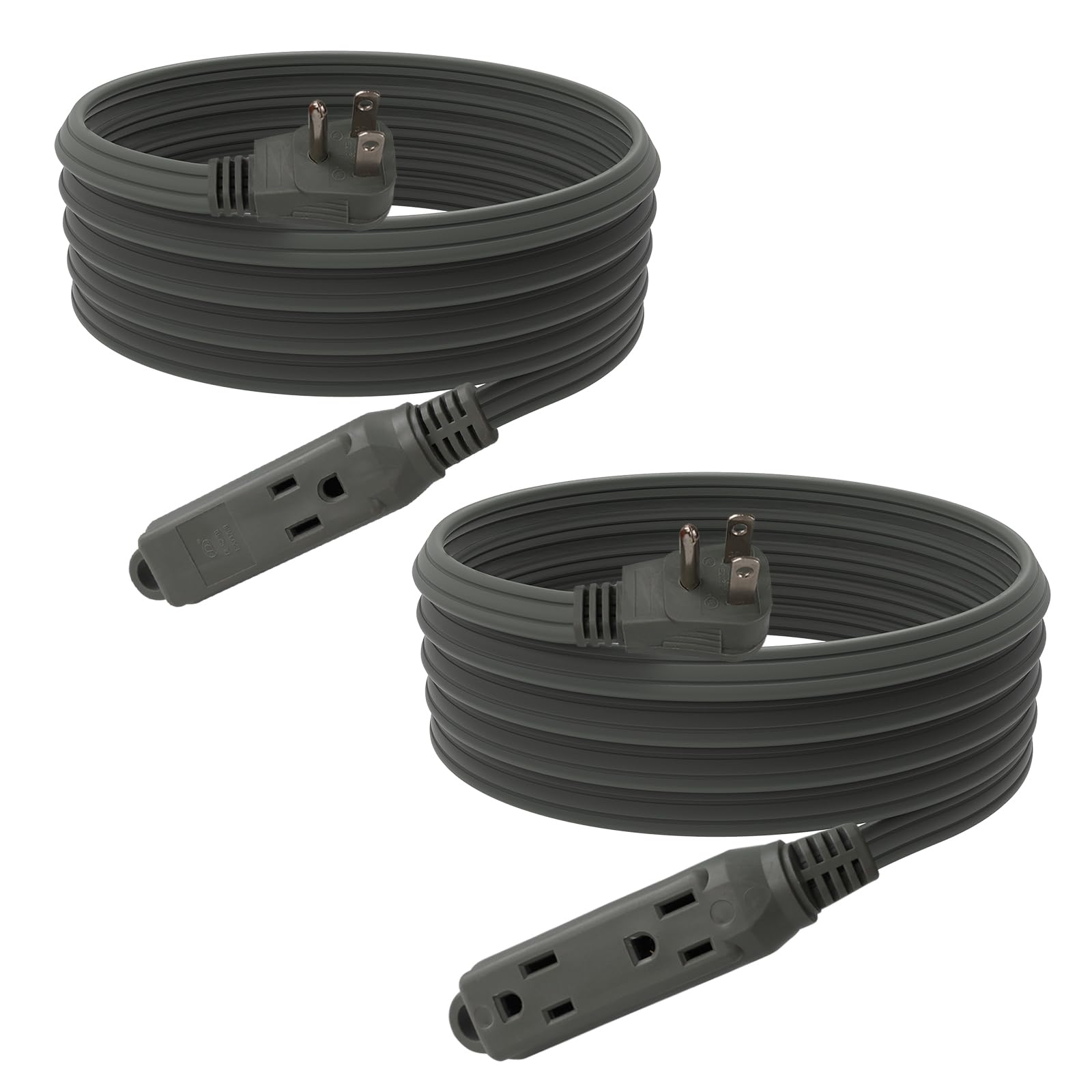 Ep 15 Ft 3 Outlet Extension Cord With Flat Plug, 3 Prong Grounded, 16/3 Spt 3 Power Cable For Indoor Use, Grey, 2 Pack