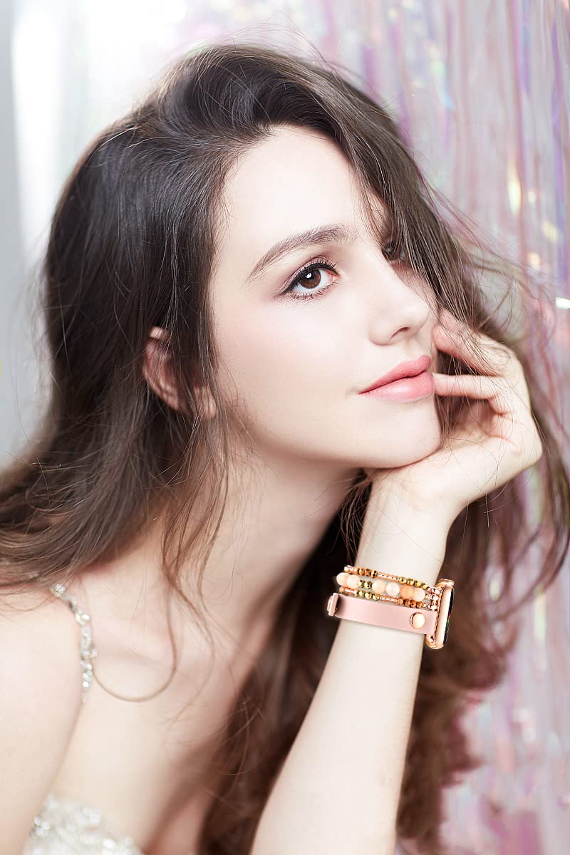 Fastgo Leather Band Compatible With Apple Watch 38Mm 40Mm 41Mm Women Girls, Elastic Beaded Bracelet Strap Adjustable For Iwatch