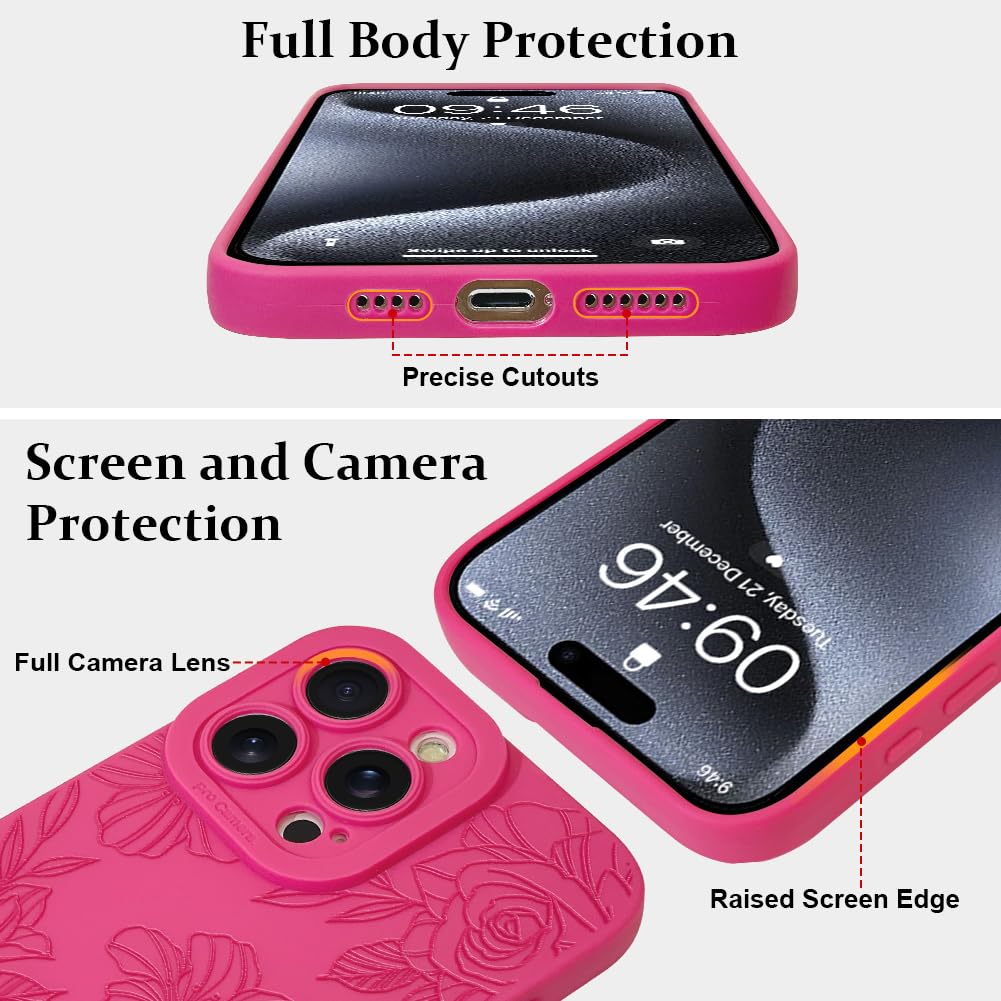 Lsl Case For Iphone 15 Pro Max Hot Pink Floral Flower Pattern Print Case Soft Tpu Full Camera Lens Anti Drop Anti Scratch Shockp