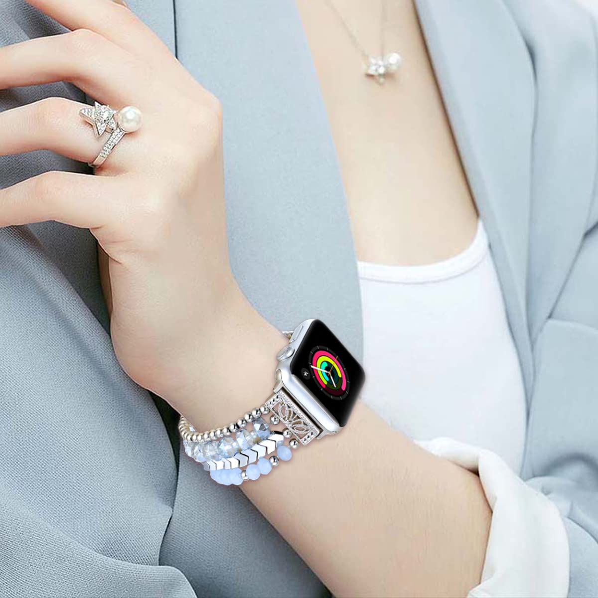 Fastgo Beaded Bracelet Band Compatible With Apple Watch 45Mm 44Mm 42Mm 49Mm Women Series 7, Crystal Elastic Stretchy Strap For I