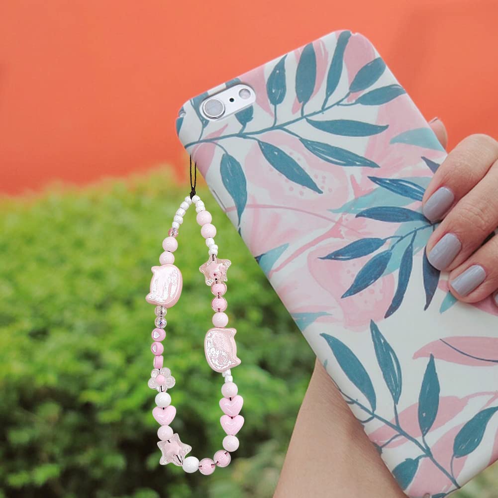 Oautosjy Mobile Phone Chain Strap Cute Kitten Head Star Flower Heart Beaded Phone Case Charm Beaded Mobile Phone Lanyard Wrist S