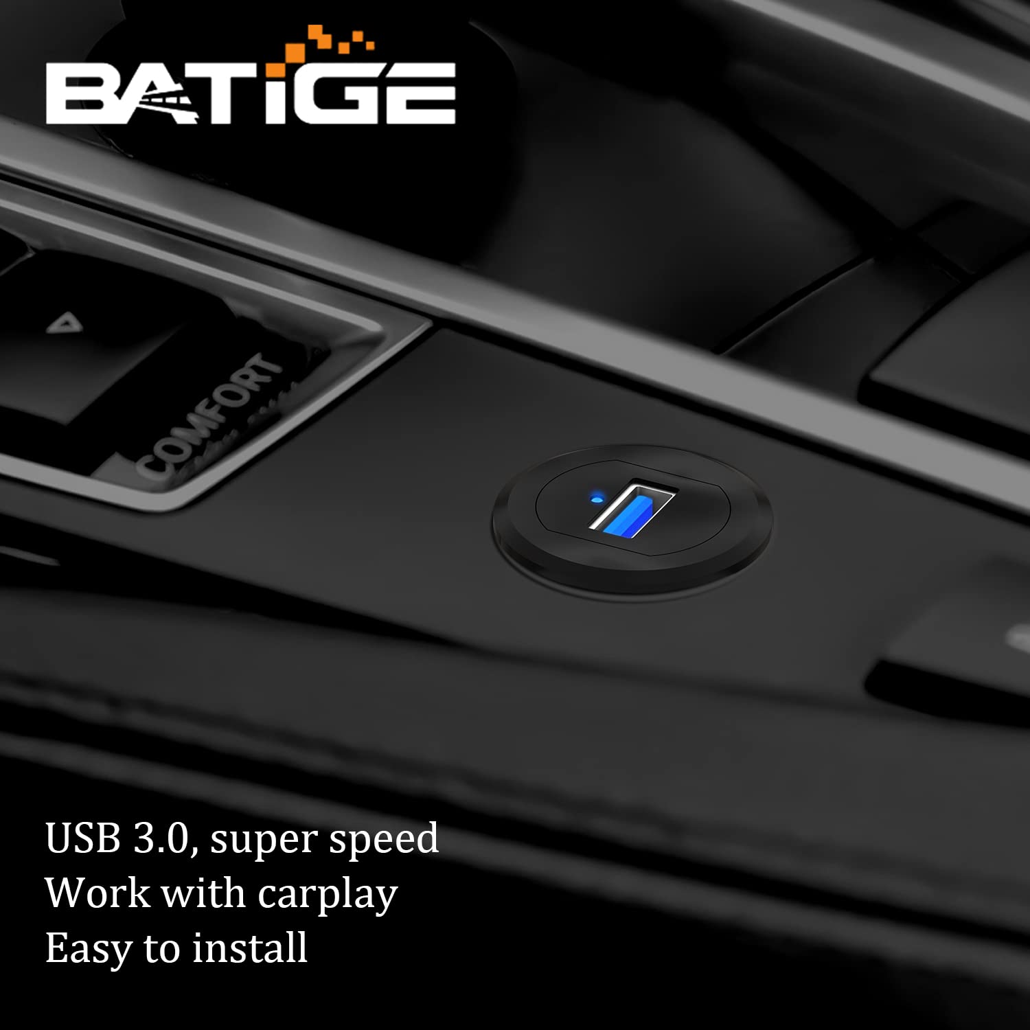 Batige Alloy Single Port Usb 3.0 Dashboard Port Car Mount Flush Cable, Male To Female Waterproof Extension Cable For Car Truck Boat Motorcycle With Led Indicator 1Ft