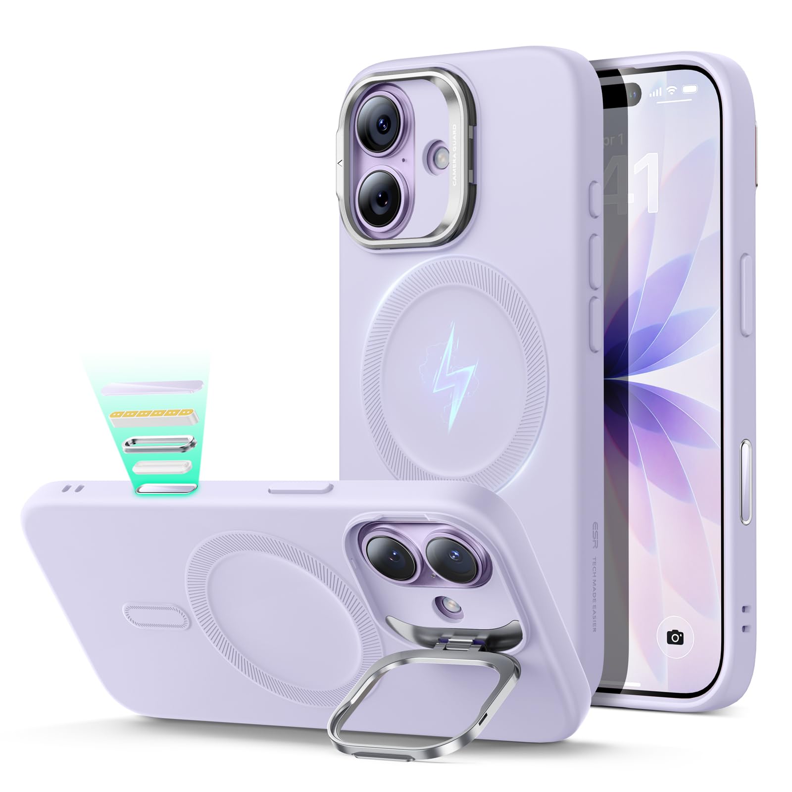 ESR Silicone Case for iPhone 17, Built-in Camera Stash Stand Compatible with MagSafe, Military-Grade Drop Protection Magnetic Ph
