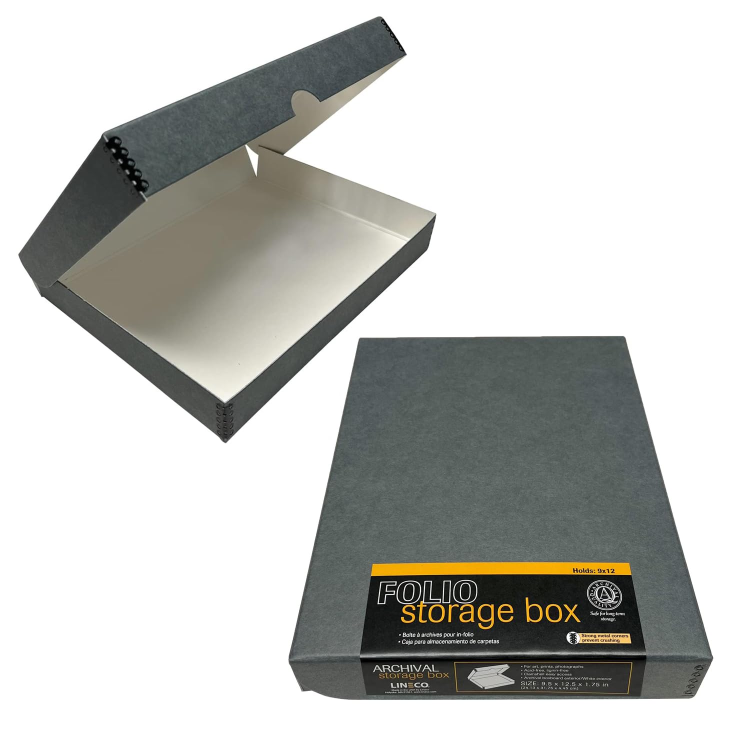 Lineco Folio Storage Box, Clamshell Design With Metal Edge. 9.5X12.5X1.75, Archival Boxboard, Preserve Photos, Prints, Cards, Magazines, Documents, Art, Ephemera, Family Records, Gray, Pack Of 2
