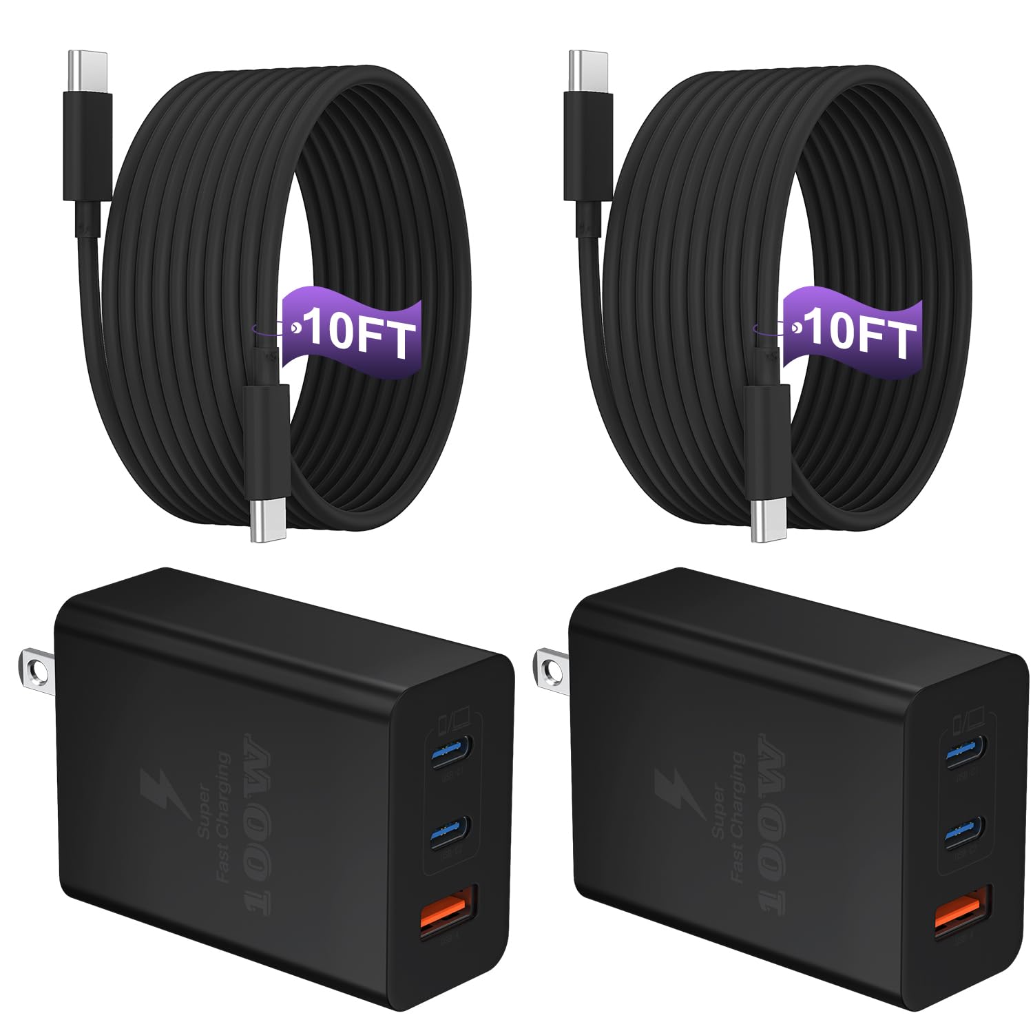 USB C Charger Block 100W, 3-Port GaN Super Fast Charger, Type C Wall Charger Adapter with 10ft USB C Charging Cable for MacBook 