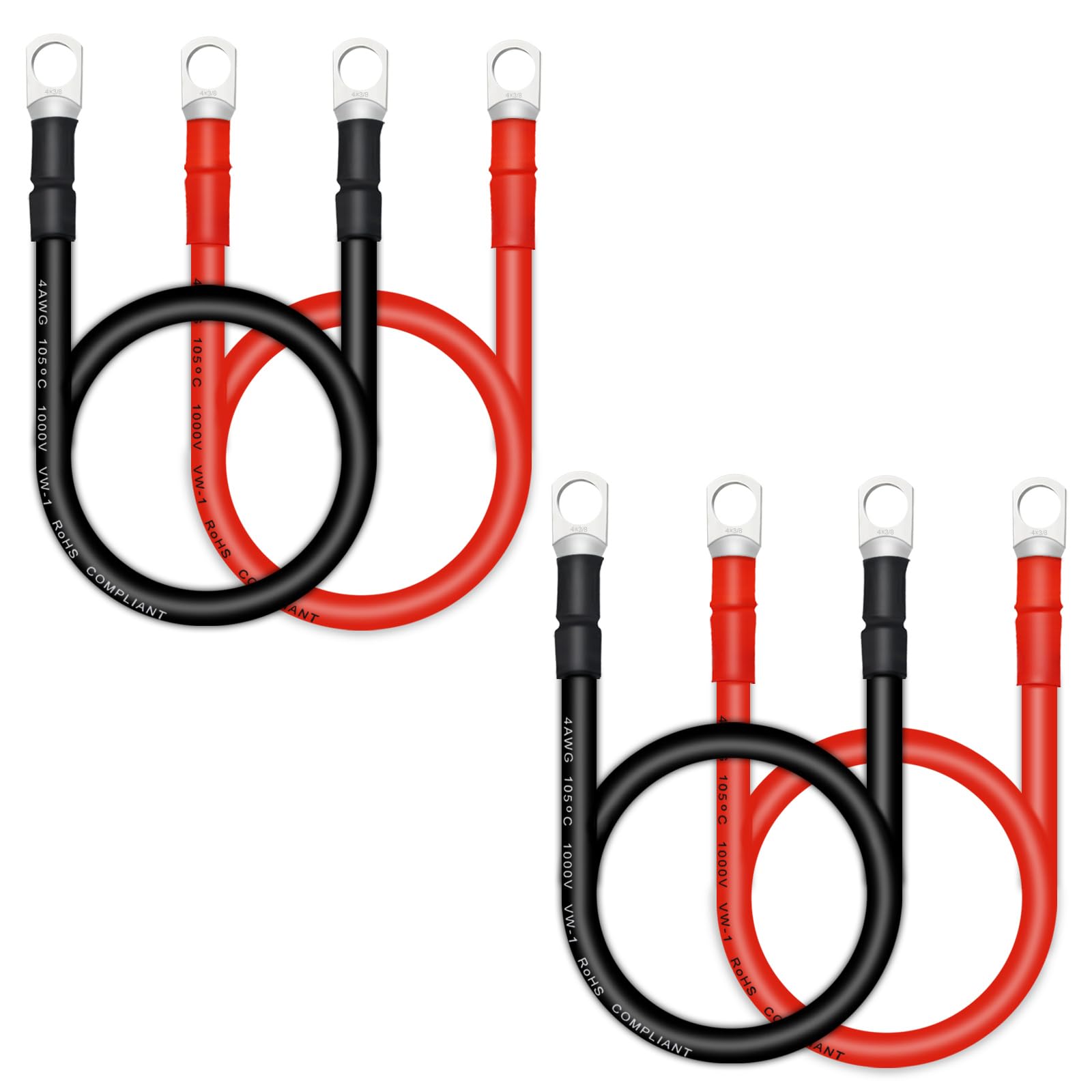 QIATOL 4 AWG Battery Cables with 3/8 inch Copper Terminals(4PCS 2FT).