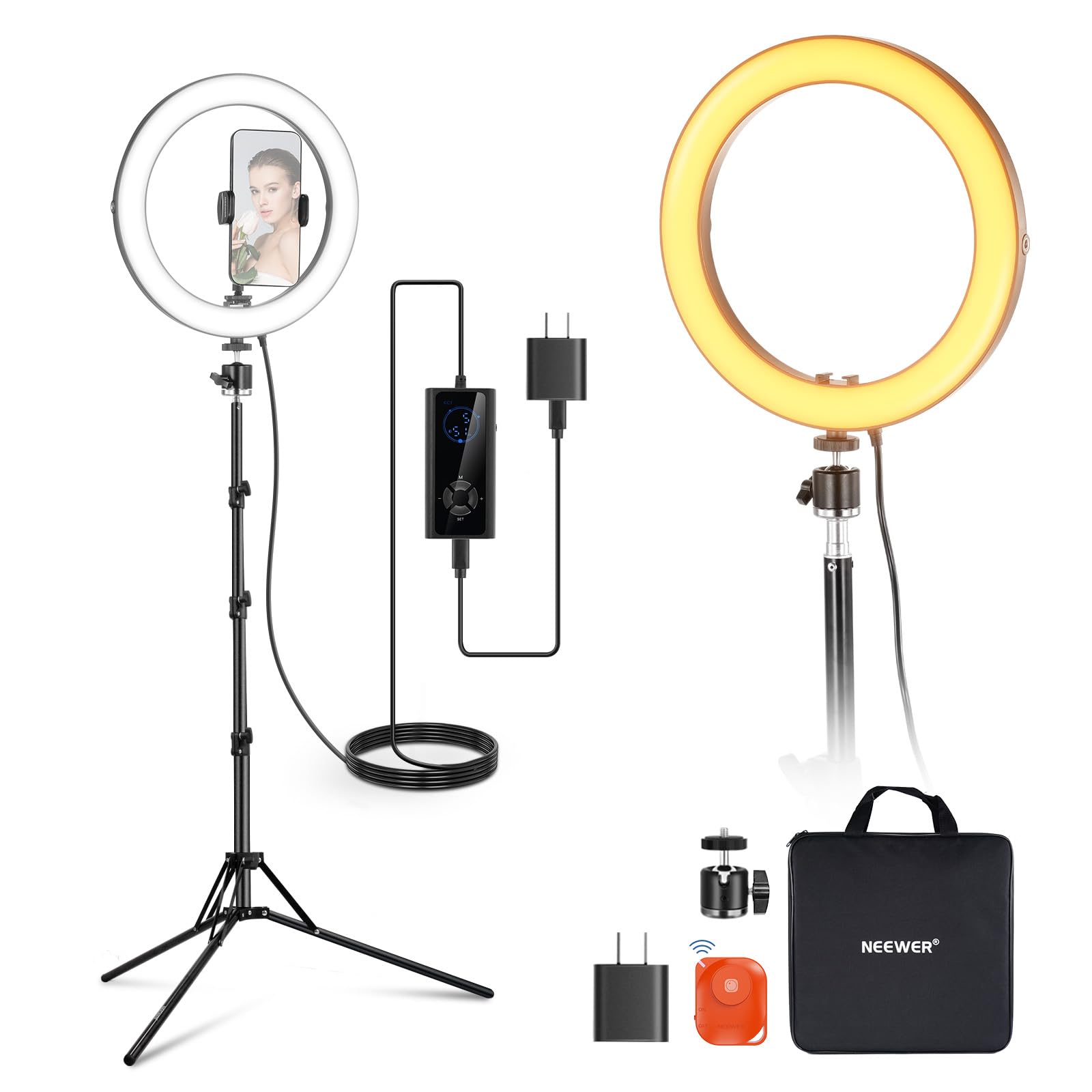 NEEWER 10 20W High Power LED Ring Light for Phone with 71 Tripod Stand, Bi Color Ringlight, Phone Holder Compatible with iPhone 