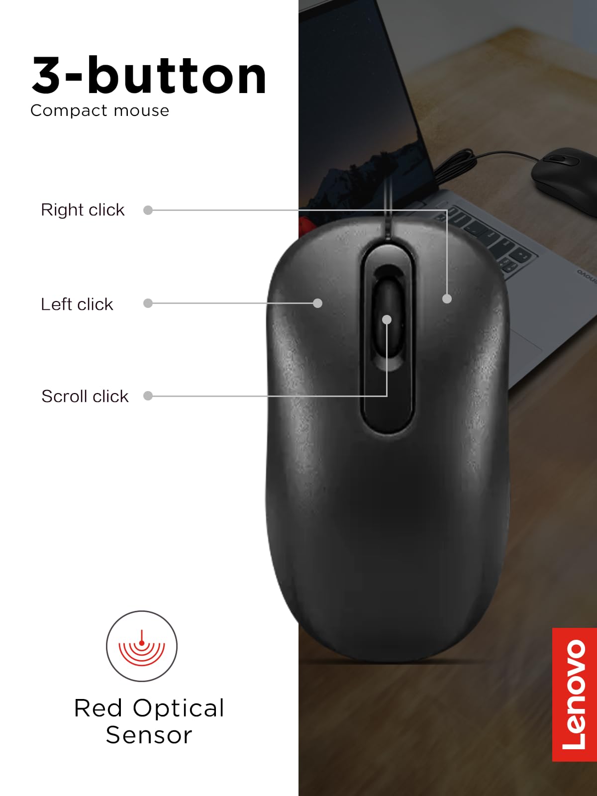 Lenovo 100 Wired Usb Computer Mouse For Pc, Laptop, Computer With Windows - Full-Size - Ambidextrous Design - 3 Buttons - Red Op