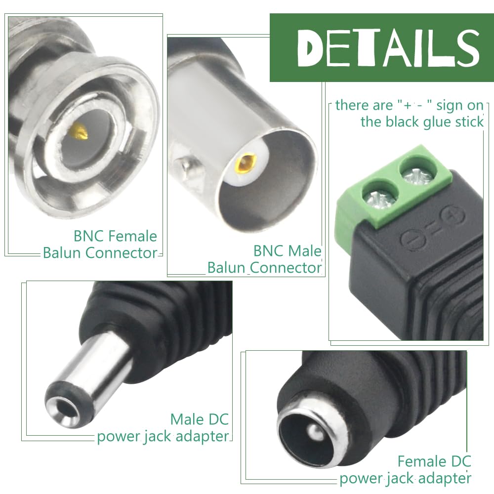 Wmycongcong 20 Pcs 2.1X5.5Mm Female And Male Dc Power Adapter Connector + 20 Pcs Camera Video Bnc Male And Female Balun Connecto