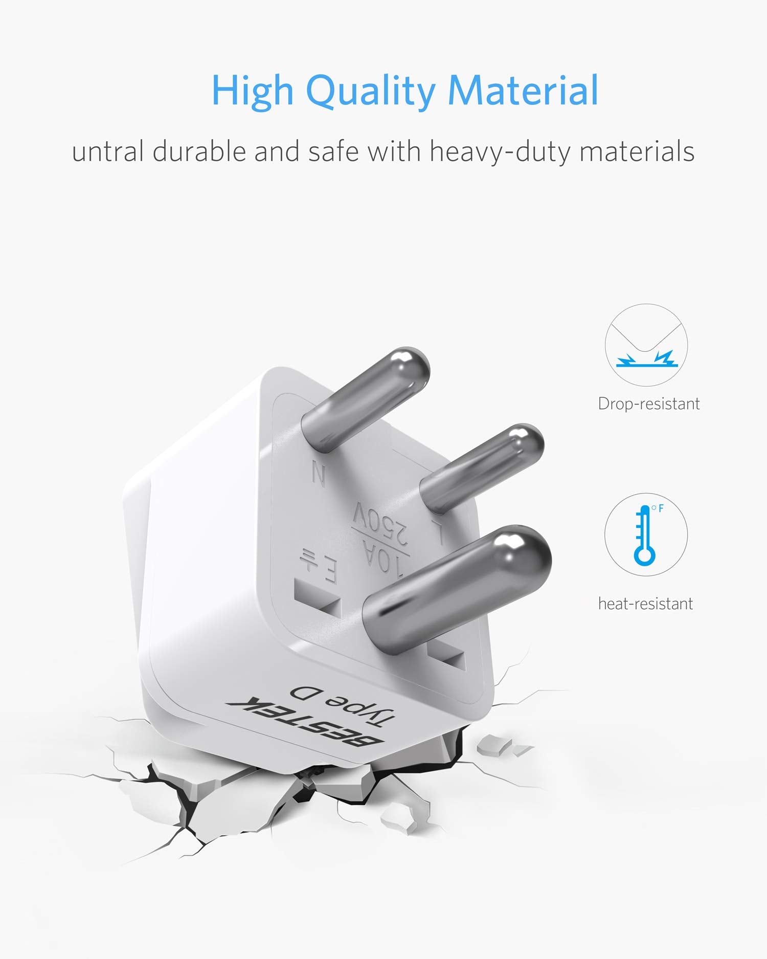Bestek India, South Africa Travel Plug Adapter, Grounded Universal Type D Plug Adapter India To Us Adapter   Ultra Compact For I