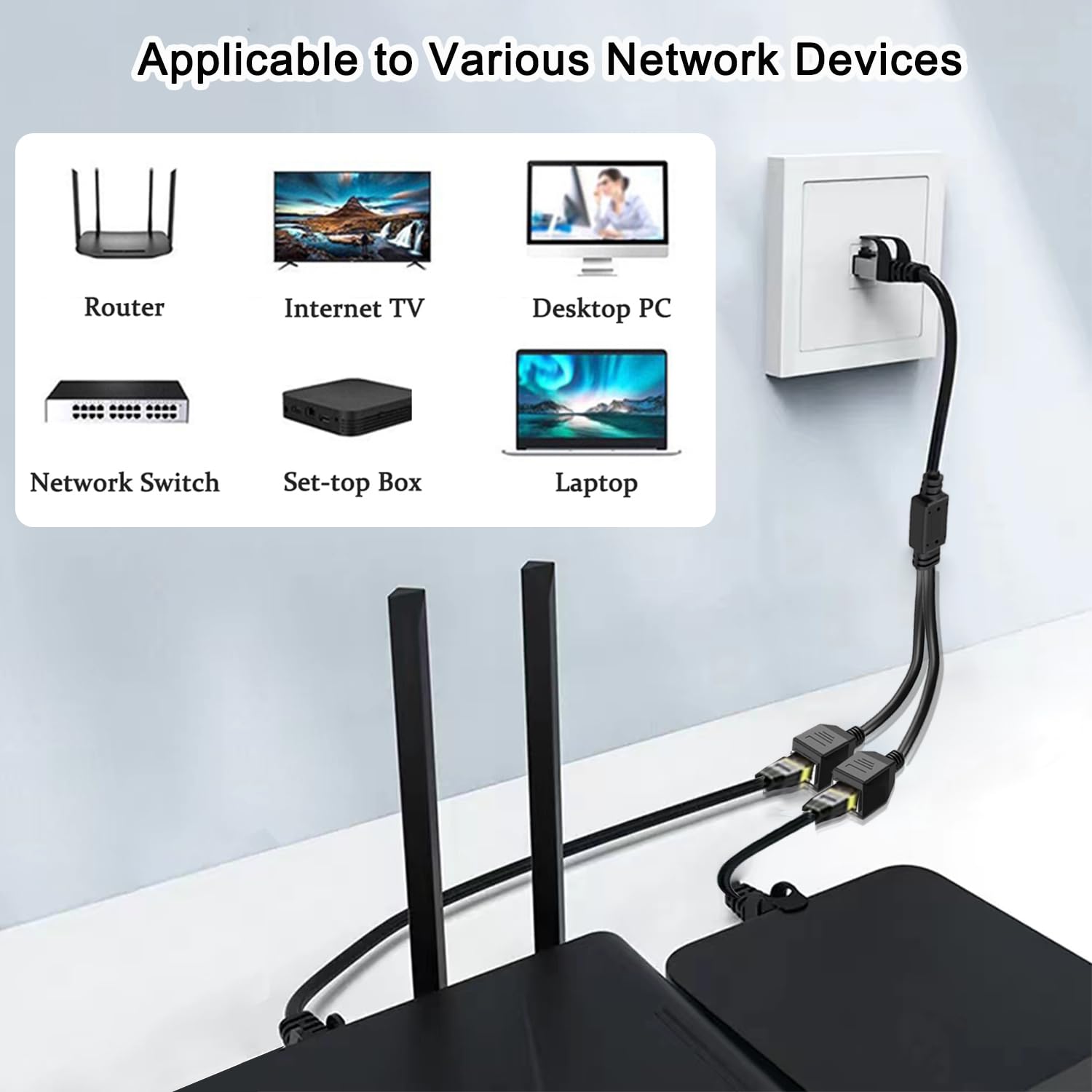 Tiedxioy 1 To 2 Gigabit Ethernet Splitter, 1Ft Black Cat5E Cable, Compatible With Personal Computer