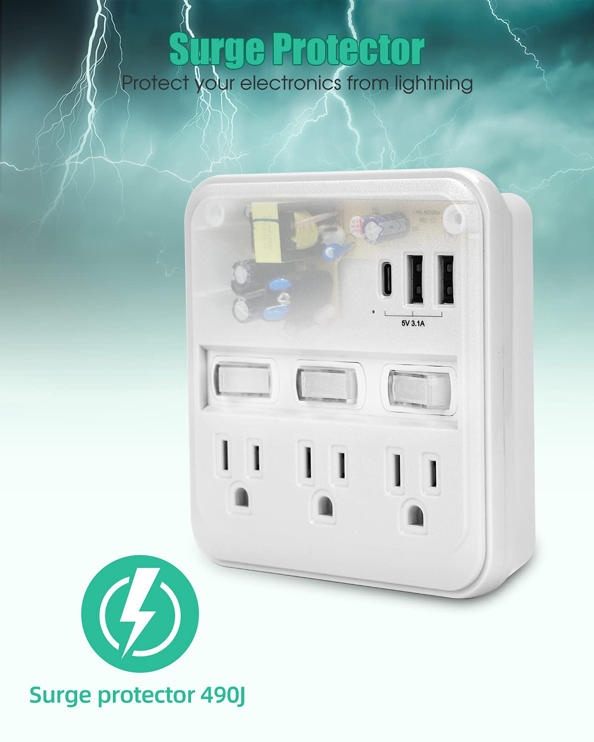 Alitayee Wall Outlet Extender Surge Protector, Usb Power Strips With Individual Switches And 15.5W Type C Fast Charging Ports Fo