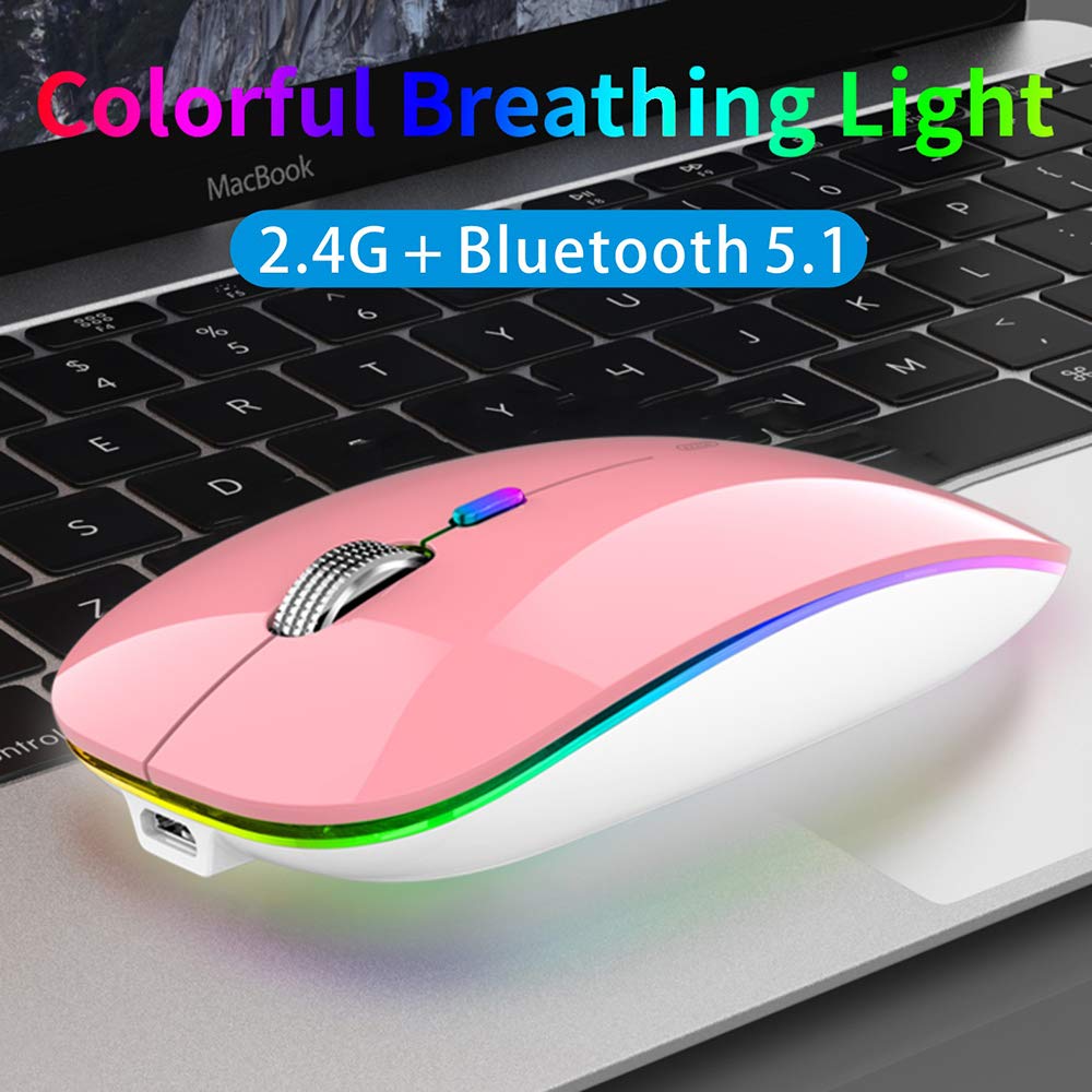 Tenmos Wireless Bluetooth Mouse, Led Slim Dual Mode (Bluetooth 5.1 + Usb) 2.4Ghz Rechargeable Silent Bluetooth Wireless Mouse With Type C Adapter For Laptop/Macbook/Ipad Os 13 And Above (Pink)