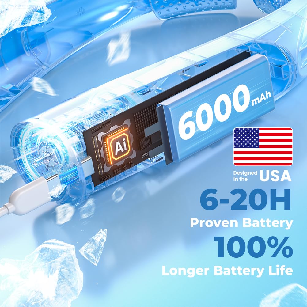 Vosfeel Outdoor Neck Fan 8000Rpm Hurricane Wind, Portable Personal Fan Rechargeable, Proven Battery 20Hrs, 6 Adjustable Cooling
