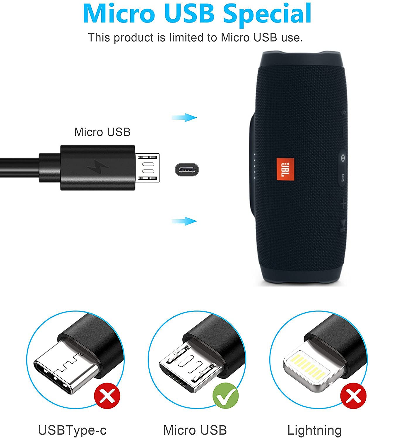 Replacement Micro Usb Charger Cord For Jbl Clip 3, 2, Jbl Flip 4, 3, 2, Jbl Charge 3, 2, 2 Plus Waterproof Portable Bluetooth Sp