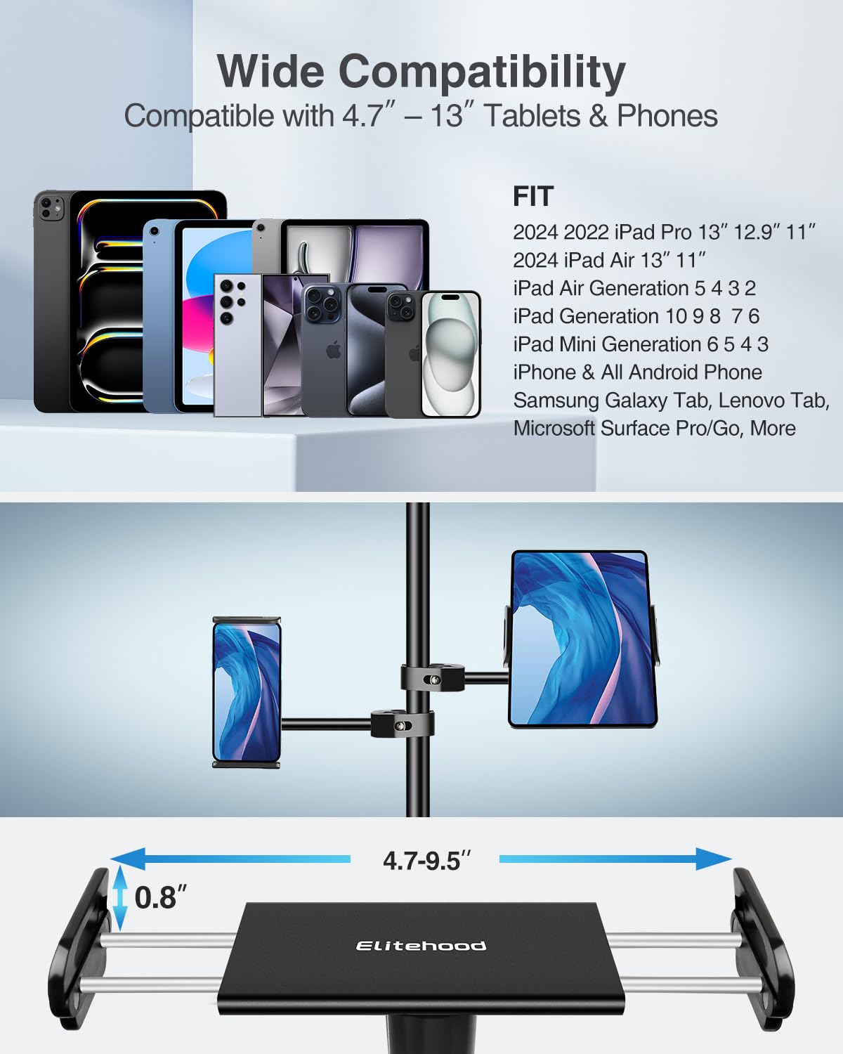 Elitehood Aluminum Ipad Holder For Mic Stand, Side Mount Ipad Music Stand Holder For Microphone, 360 Swivel Tilt Adjustable Mic
