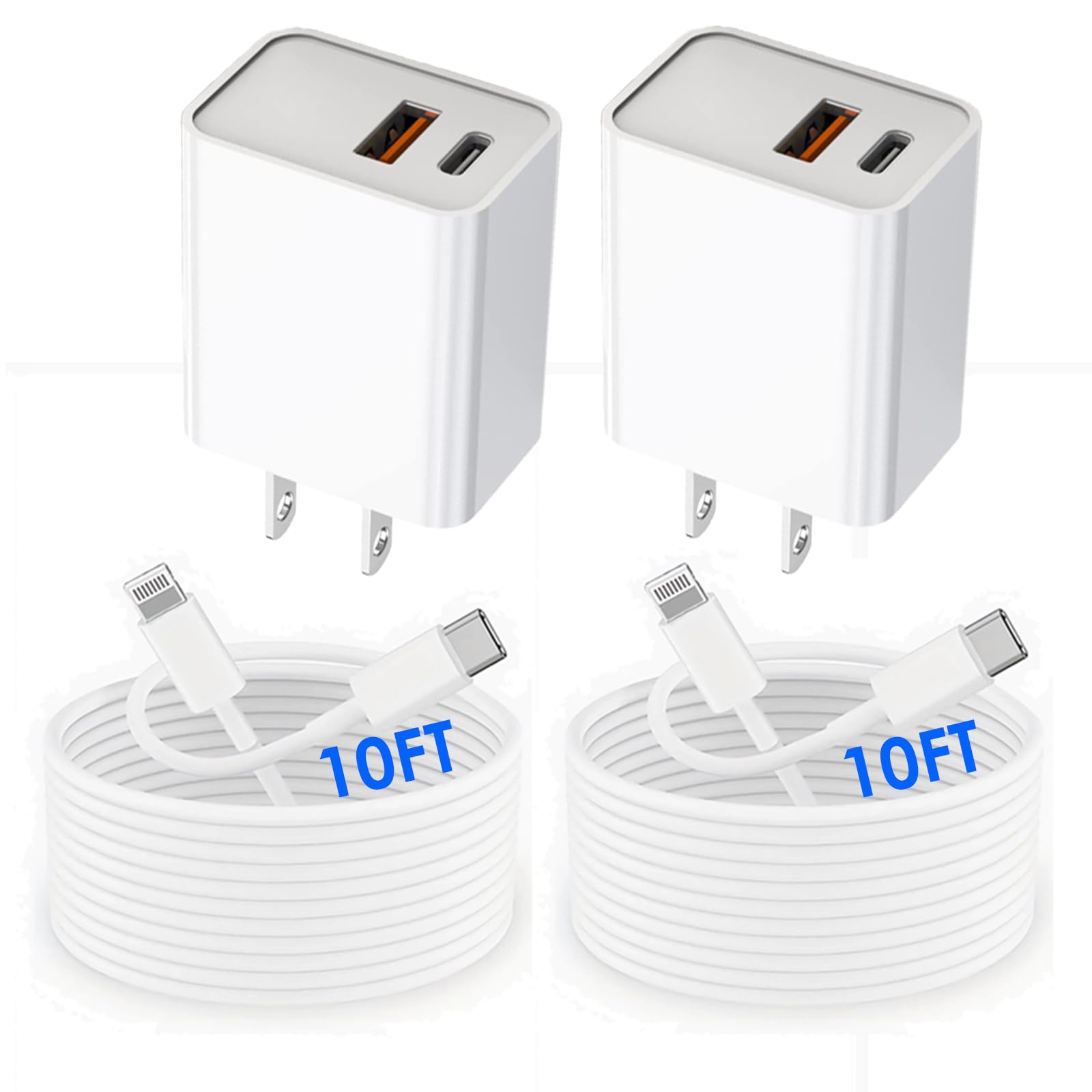 Usb C Wall Charger,Dual Port 10Ft Iphone Charger 20W Pd+Qc3.0 Power Adapter Fast Charging Block Plug With 10Ft Usb C To Lightning Cable For Iphone 14/14 Pro/14 Pro Max/13/12/11/Pro Max/Xs/Xr/X/Airpods