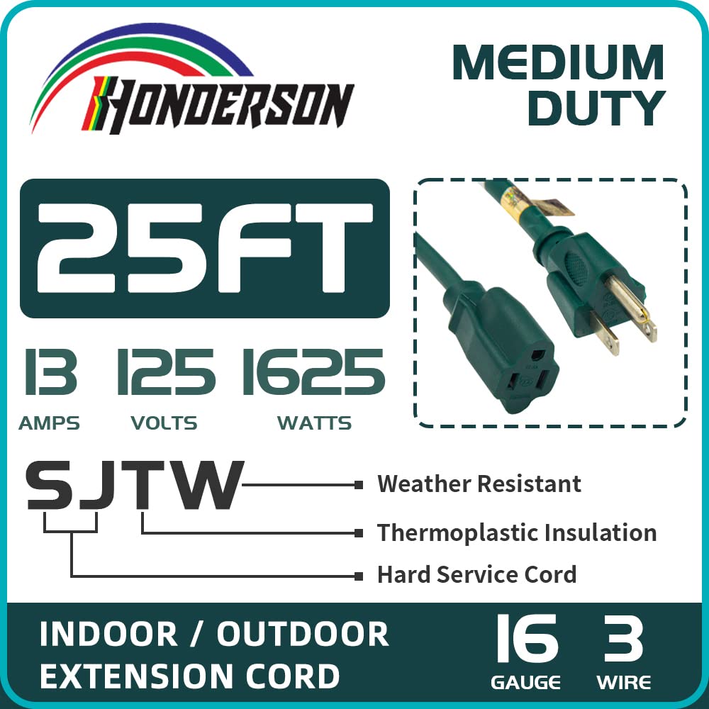 Honderson 25Ft Outdoor Extension Cord 16/3 Sjtw Durable Green Extension Cable With 3 Prong Grounded Plug For Safety,Great For Ou
