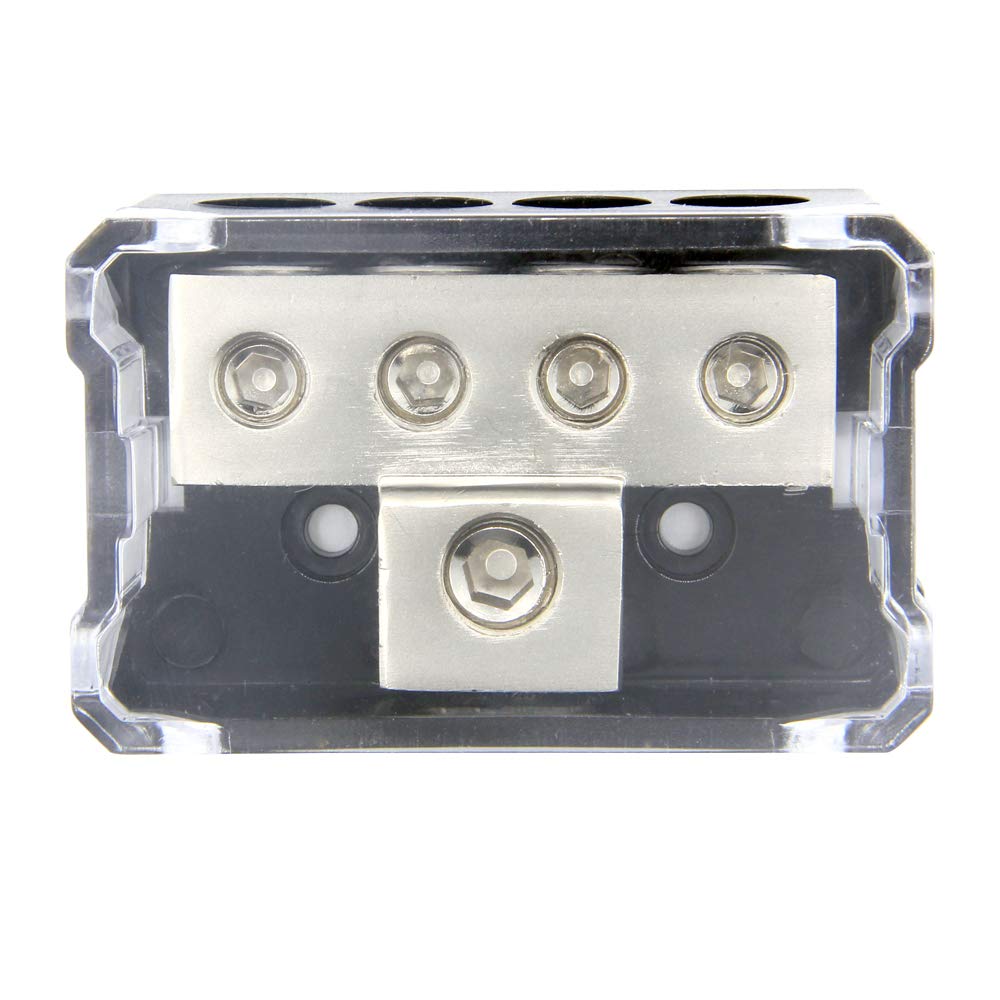 Rkurck 4 Way Power Distribution Block, 0/2/4 Awg Gauge In, 4/8/10 Gauge Out, Car Audio Stereo Amp Distribution Connecting Block