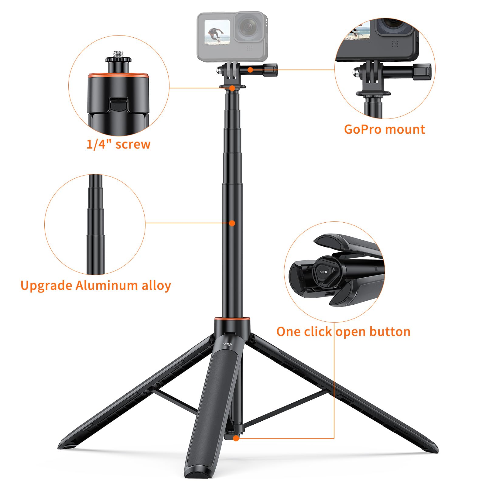 Uurig Tp21 54Inch Telescopic Selfie Stick Long With Tripod, Waterproof Hand Grip, For Insta360 Gopro Hero 10 9 8 7 6 5 4 3 2, Fusion, Max, Session, Akaso, Sjcam, Dji Osmo Gopro