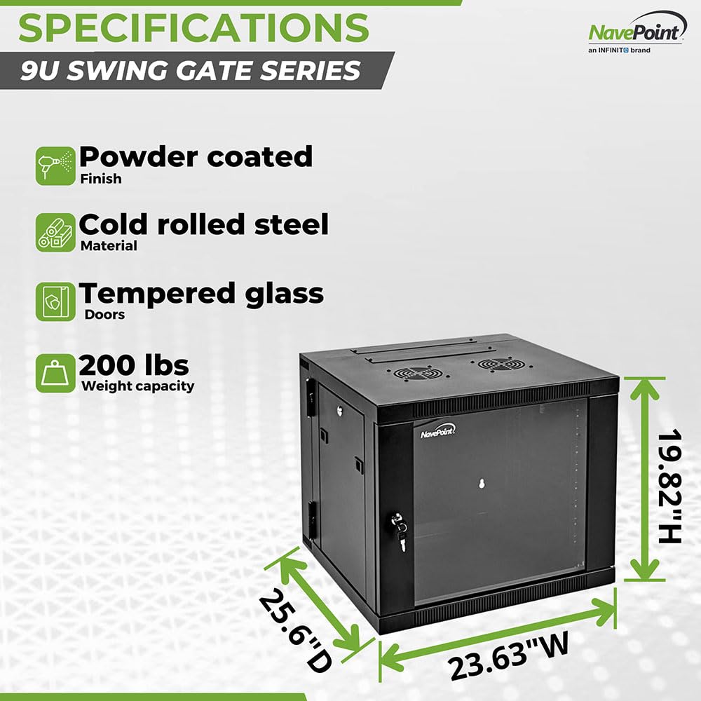 Navepoint 9U Server Cabinet With Hinged Back   25.5    Deep, 9U Server Rack Enclosure With Locking Glass Door, Wall Mount Rack W