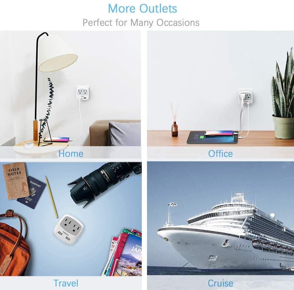 Tessan Us To Japan Plug Adapter, 2 Prong To 3 Prong Outlet Adapter With Two Ac Outlets 2 Usb Ports, Travel Power Adaptor For Usa