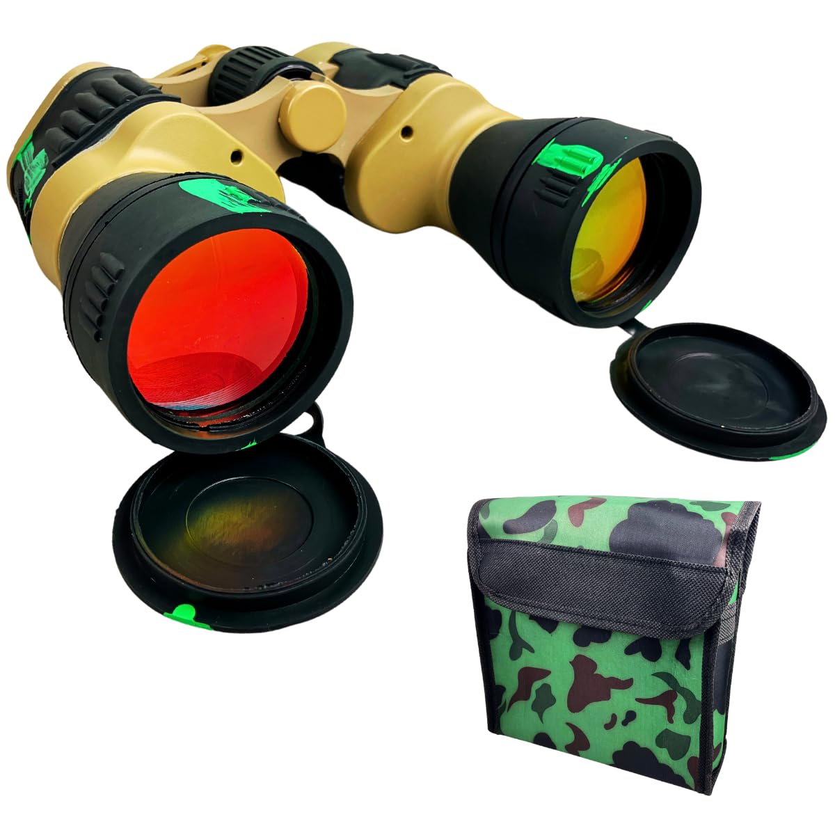 Hunter Green Camouflaged Body 10X Power Amber Lens Binoculars With Mini Compass | 50Mm Glass Lenses | Focus Adjustment Wheel | Includes Lens Covers, Neck Strap, And Carrying Case