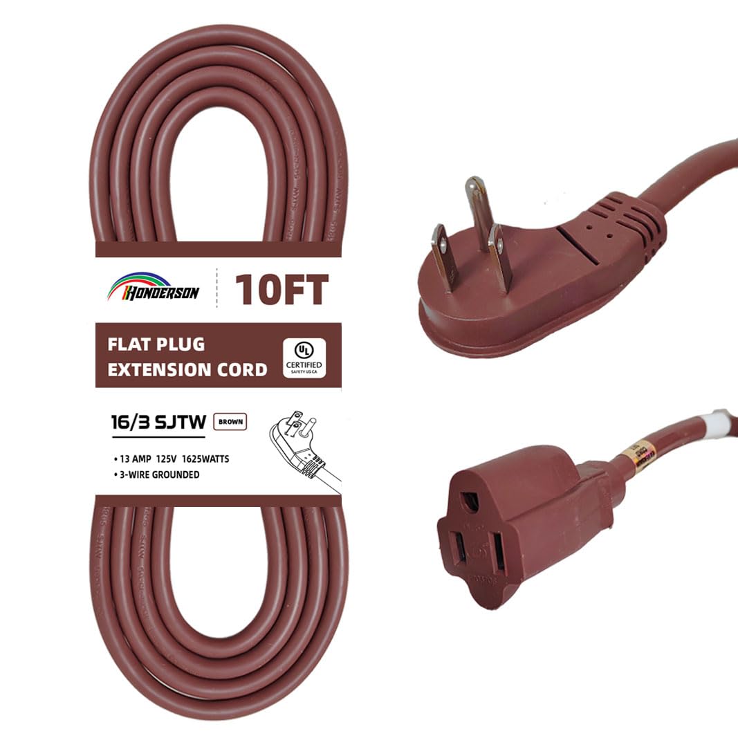 Honderson Flat Plug Indoor Extension Cord, Ul Listed, 16 Gauge 10Ft Brown 3 Prong Heavy Duty Extension Cord, 16/3 Sjtw 13A Power