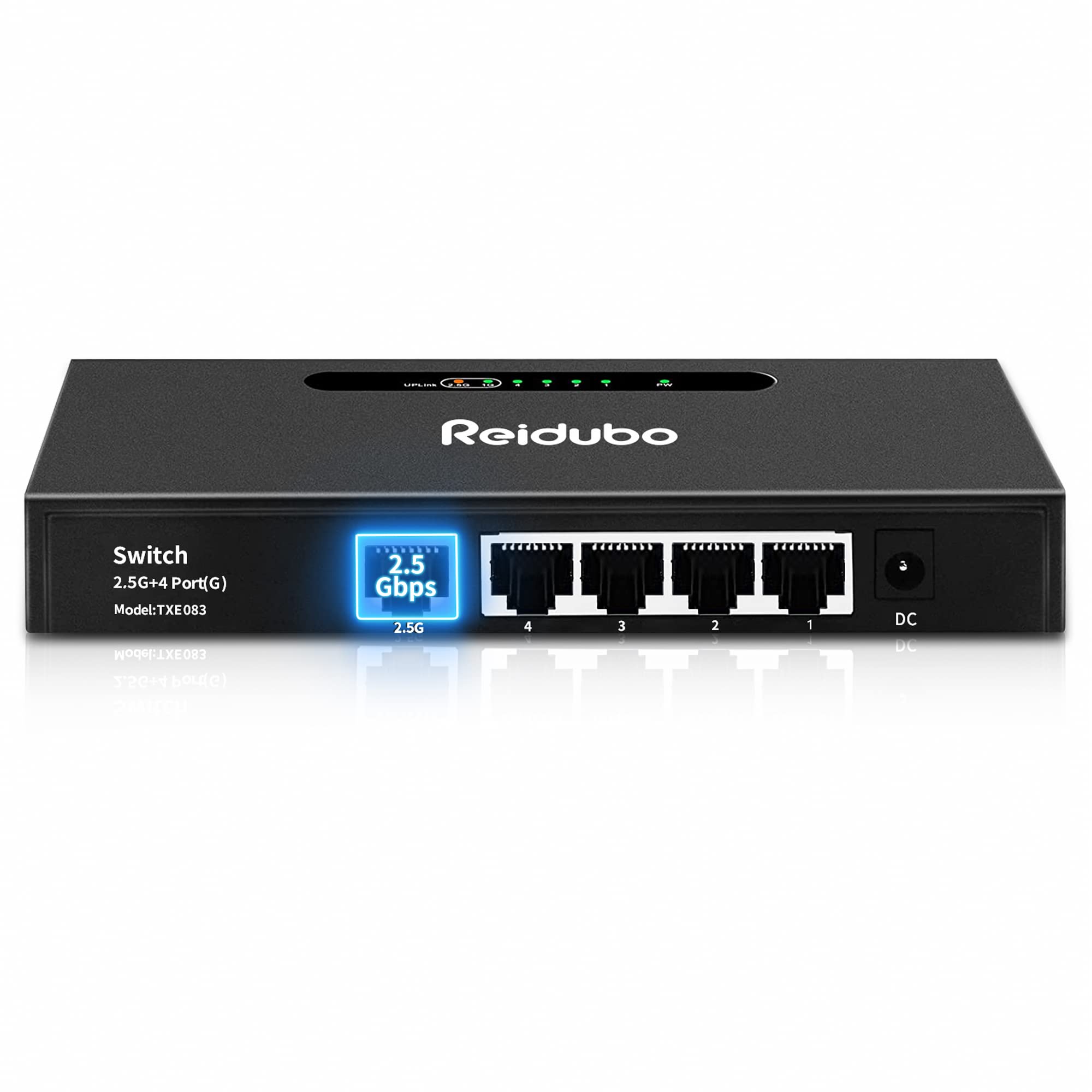 Reidubo 2.5G Uplink Ethernet Splitter, 2.5Gb Uplink Port & 4  1000Mbps Ethernet Port, Home Multi Gigabit Network Hub Switch, Unm