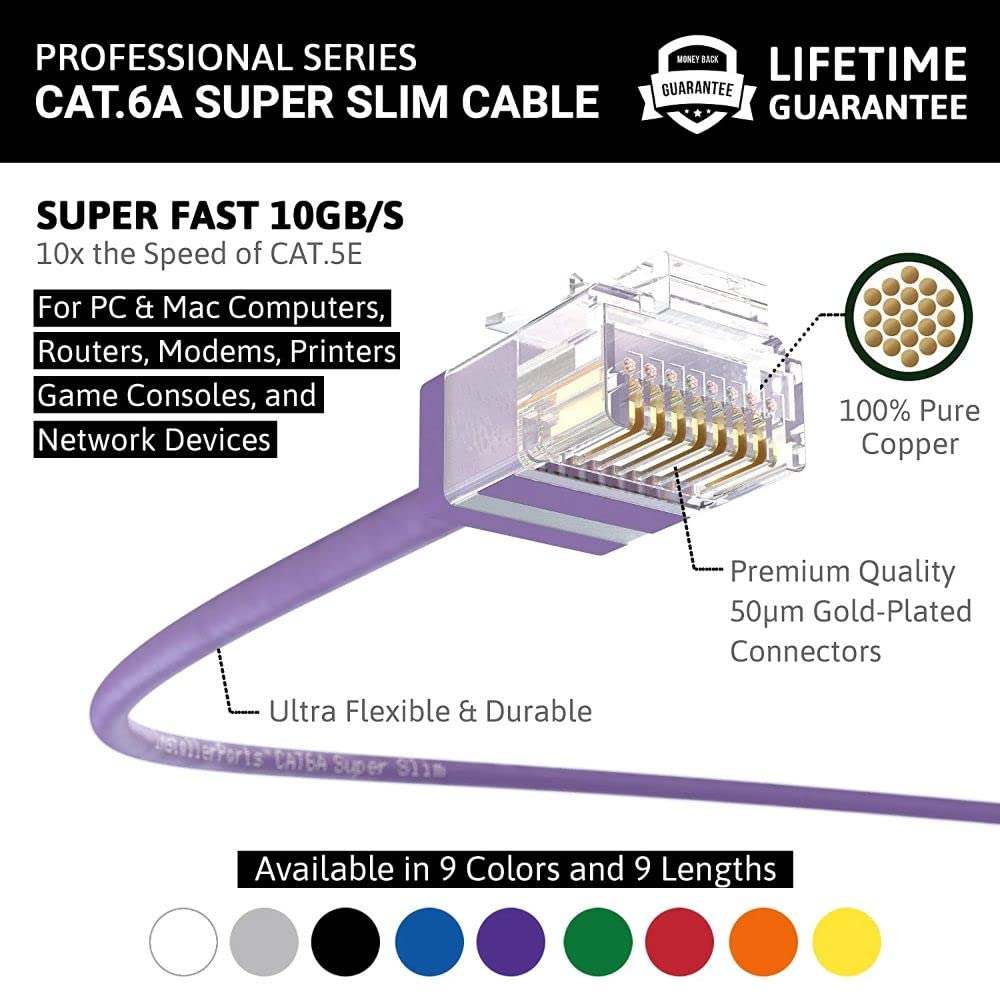 Installerparts Ethernet Cable Cat6A Super Slim Cable Utp 7 Ft   Purple   Professional Series   10Gigabit/Sec Network/High Speed