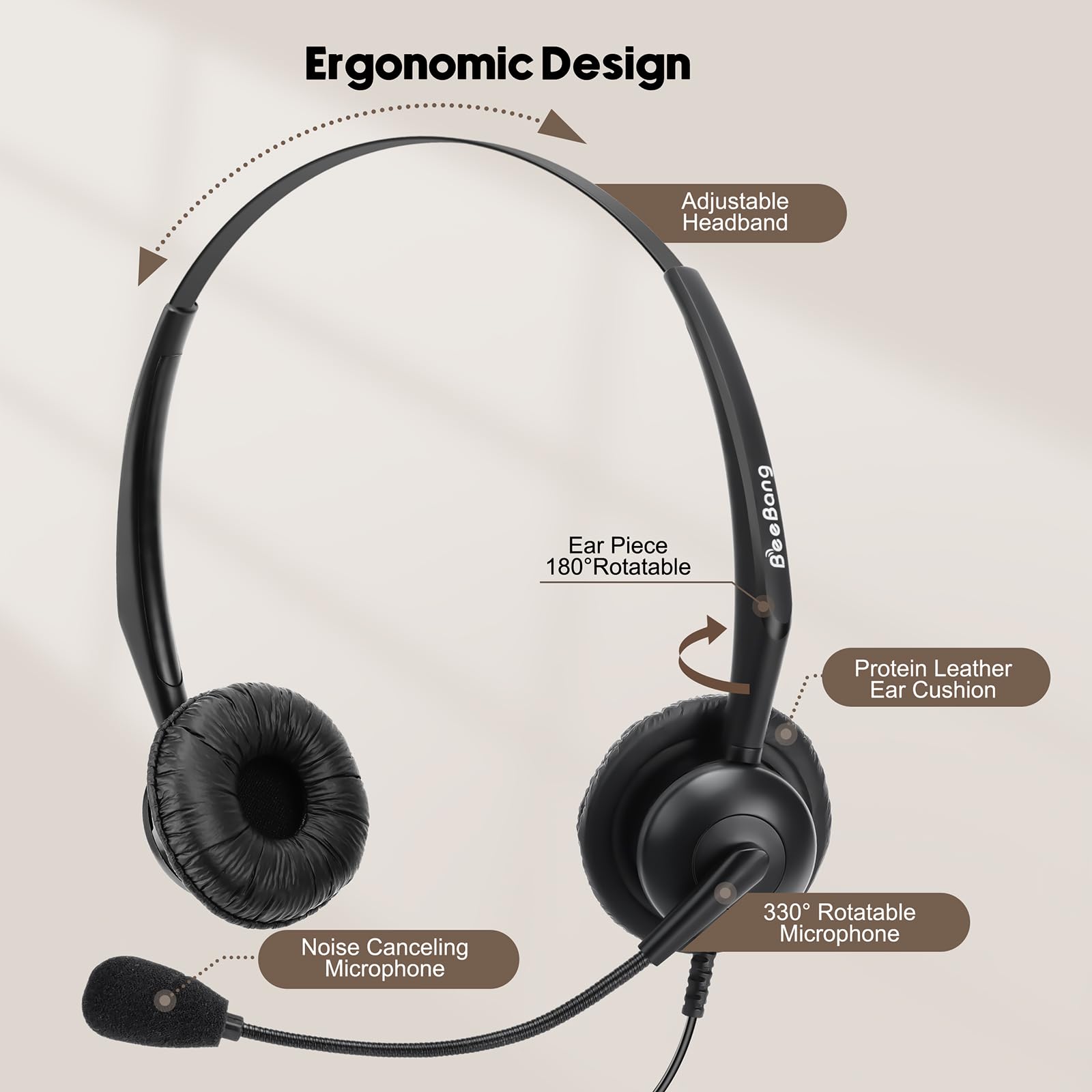 Beebang Telephone Headset With Rj9 Jack For Office Landline Deskphone, With Mic Mute Volume Controller, Binaural Office Phone He