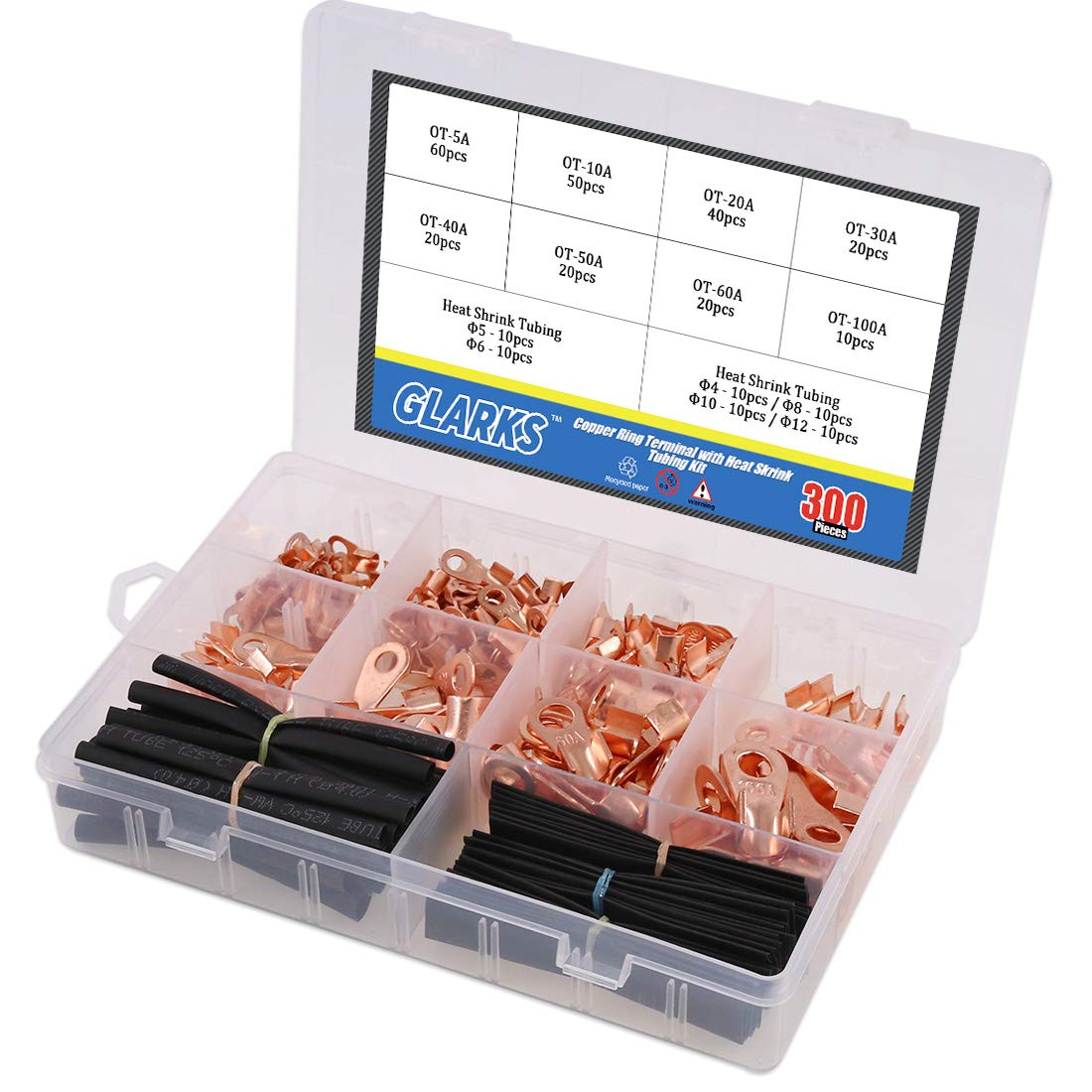 Glarks 300Pcs Open Barrel Wire Crimp Copper Ring Lugs Wire Crimp Terminal Connectors Ot 5A 10A 20A 30A 40A 50A 60A 100A With Hea