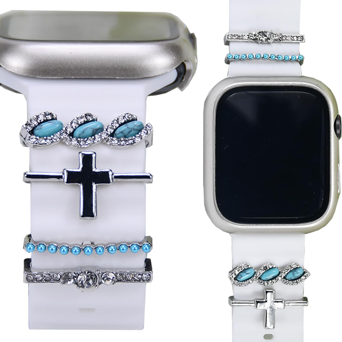Sunoreek Silver Cross Watch Band Charms For Apple Women - Iwatch Bands Charms, Western Turquoise Decorative Rings Loops For Appl