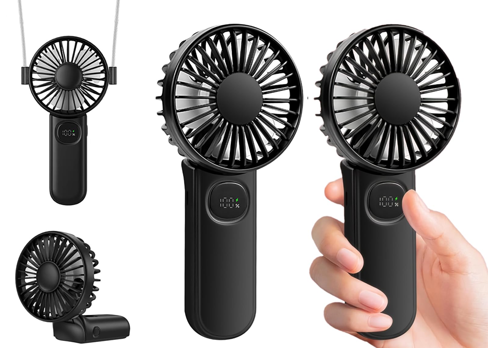 [2 Packs Portable Handheld Fan] Personal Hand Held Fan For Travel, Foldable Eyelash Neck Fan With Digital Display, Lanyard, 5 Sp