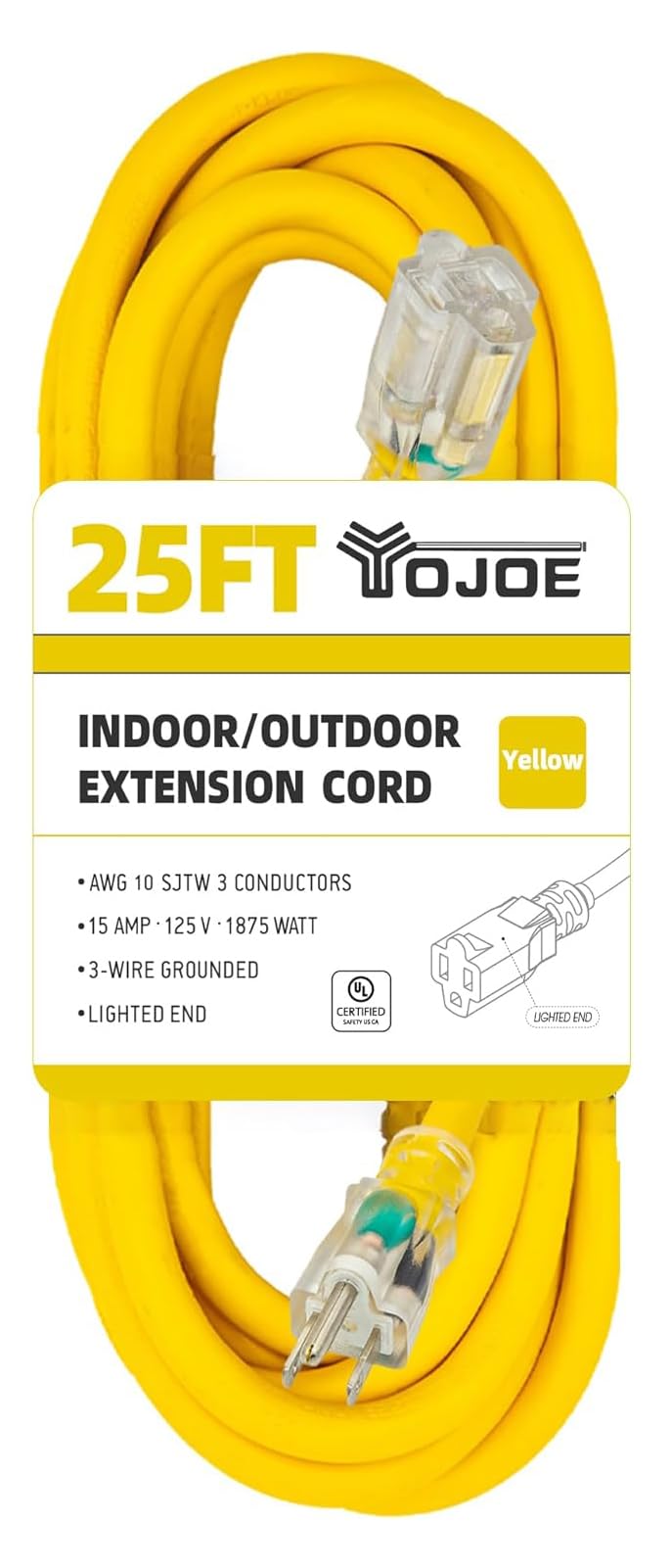 Yojoe Indoor Outdoor Extension Cord With Lighted End, 3 Prong 15A Weatherproof Power Extension Cord, 10 Gauge Heavy Duty 25 Ft Y