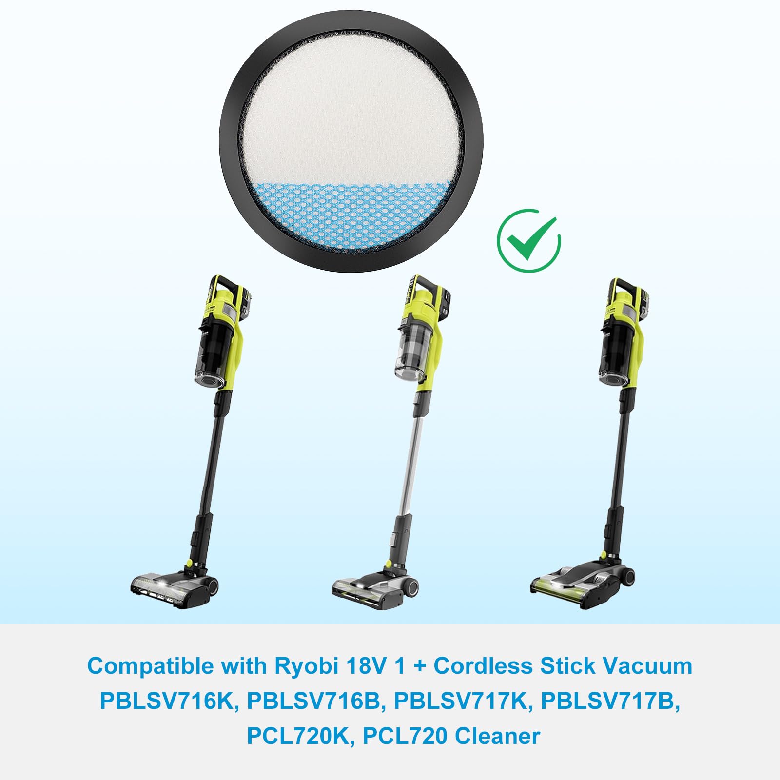 18V One + Cordless Pet Stick Vacuum Filter For Ryobi, Pcl720, Pblsv716, Pblsv717 Stick Vacuum, Reusable Washable Filters, Compar