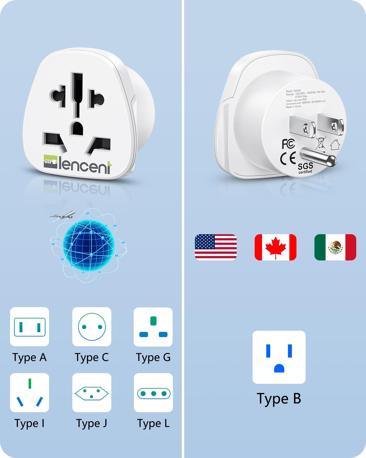 Lencent World To Us Plug Adapter, [2 Packs] European Eu Europe/Uk/Australia/China/Italy To Usa American Outlet Power Adaptor Tra