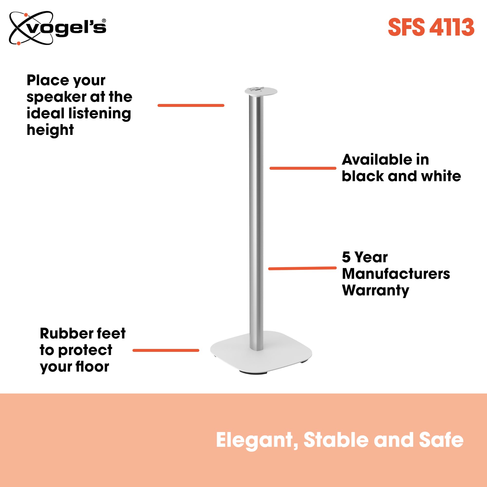 Vogels Sfs 4113 Speaker Floor Stand For Sonos Era 100, Cable Inlay System, Height: 32,3 Inch (82 Cm), Exceptionally Stable, Whi