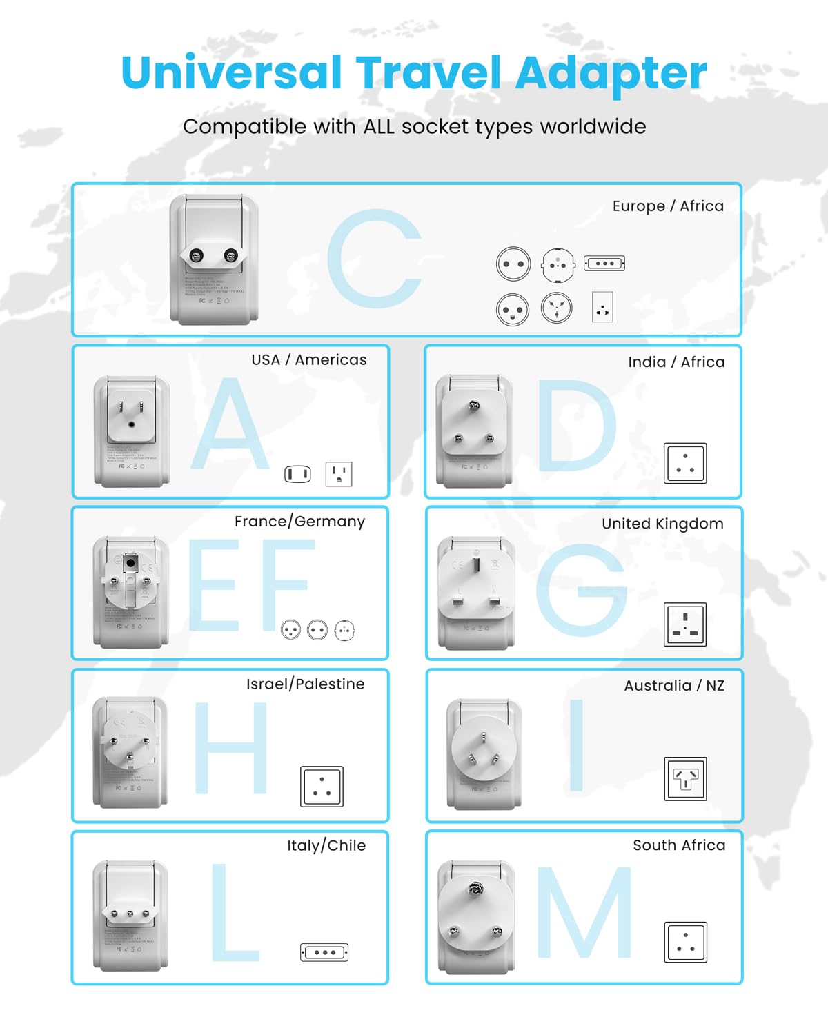 Vintar Universal Travel Adapter Kit, International Power Adapter With 3 Usb Ports (2 Usb C, 3.4A) And 2 Ac, Type A,C,D,E/F,G,H,I