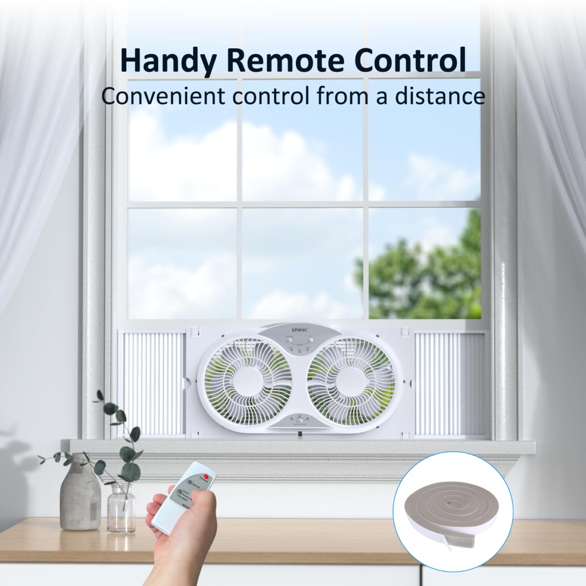 Shinic Window Fan With Reversible Airflow Quiet, Twin 9'' Blades, Full Remote Control, 3 Functions 3 Speeds, Bathroom Kitchen Wi