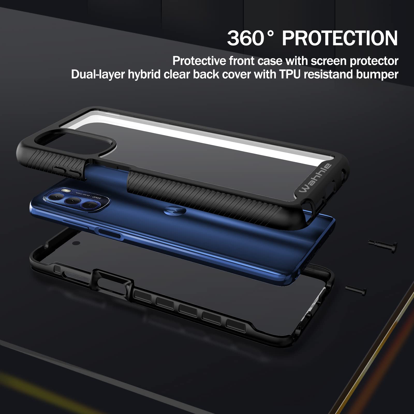 Wahhle Moto G Stylus 2022 4G Case   Built In Screen Protector, Full Body Shockproof, Slim Fit Bumper, Black/Clear