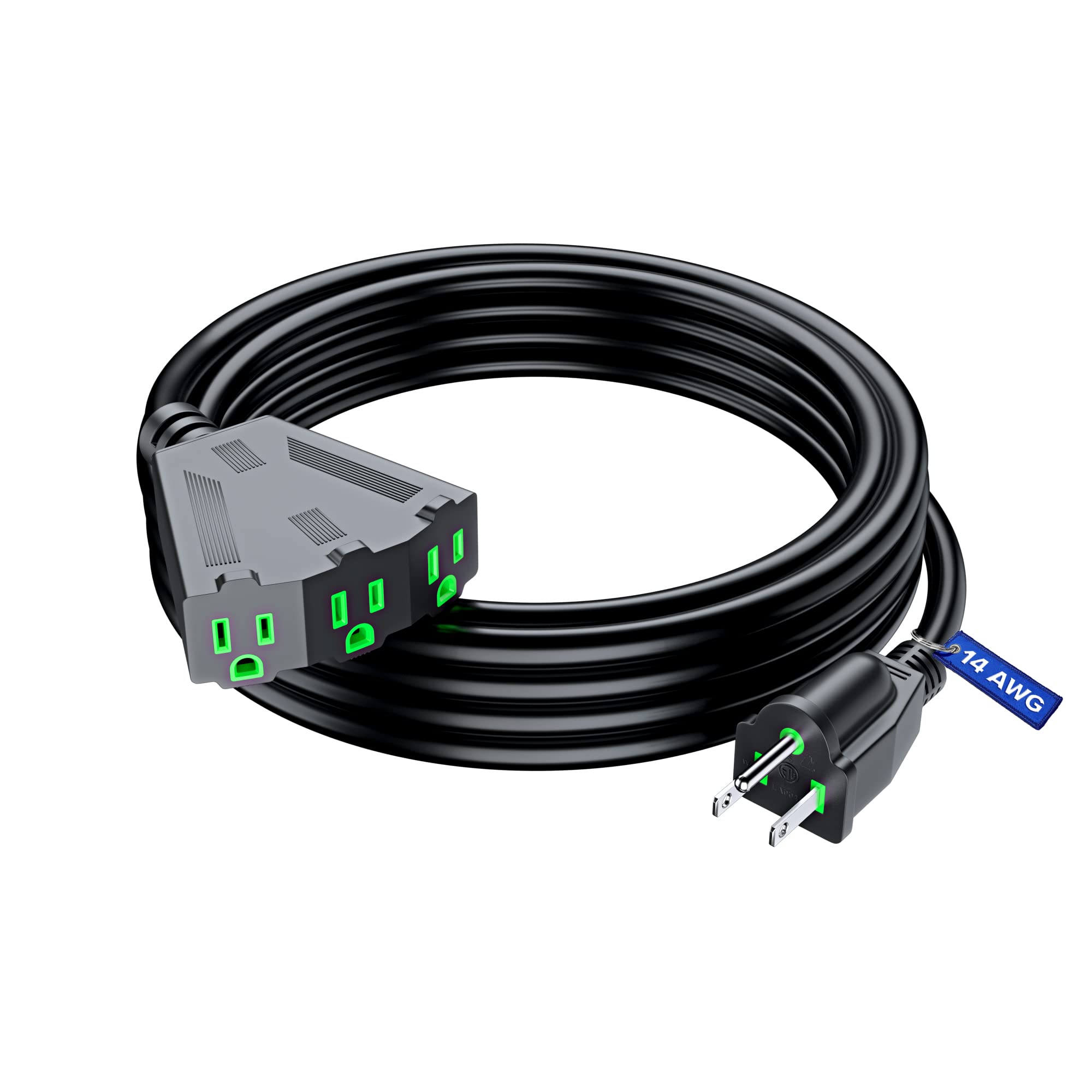 Extension Cord 15 Ft, Extension Cord With Multiple Outlets, Sjtw 14 Gauge (Black) Etl Listed