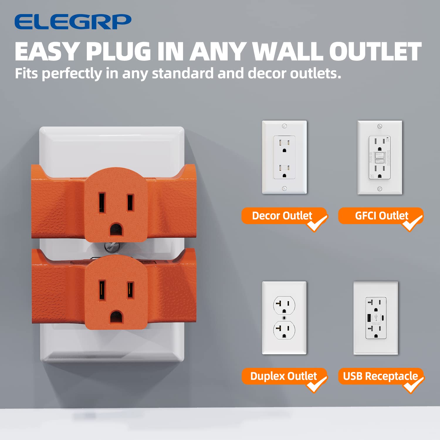 Elegrp 3 Prong Heavy Duty Power Extender To Triple Outlet In T Direction, Multi Directional Grounded Wall Tap Outlet Extender Wi